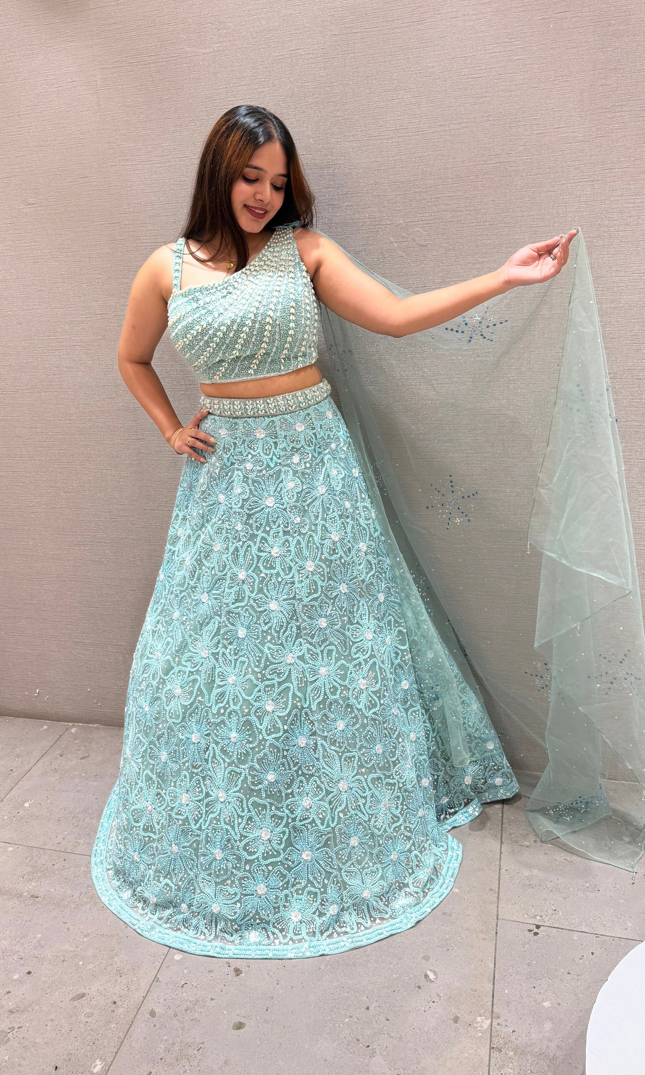 Sea blue Indo western Lehenga