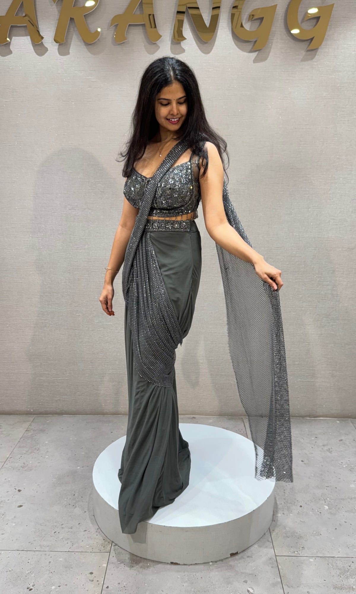 Metallic Grey Silk Sequined Fusion Sheer Drape Saree