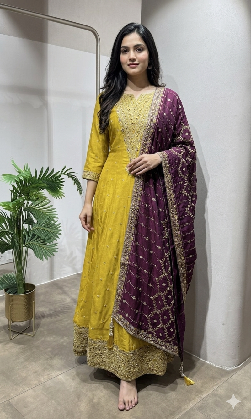 Mustard embroidered Anarkali with Dupatta
