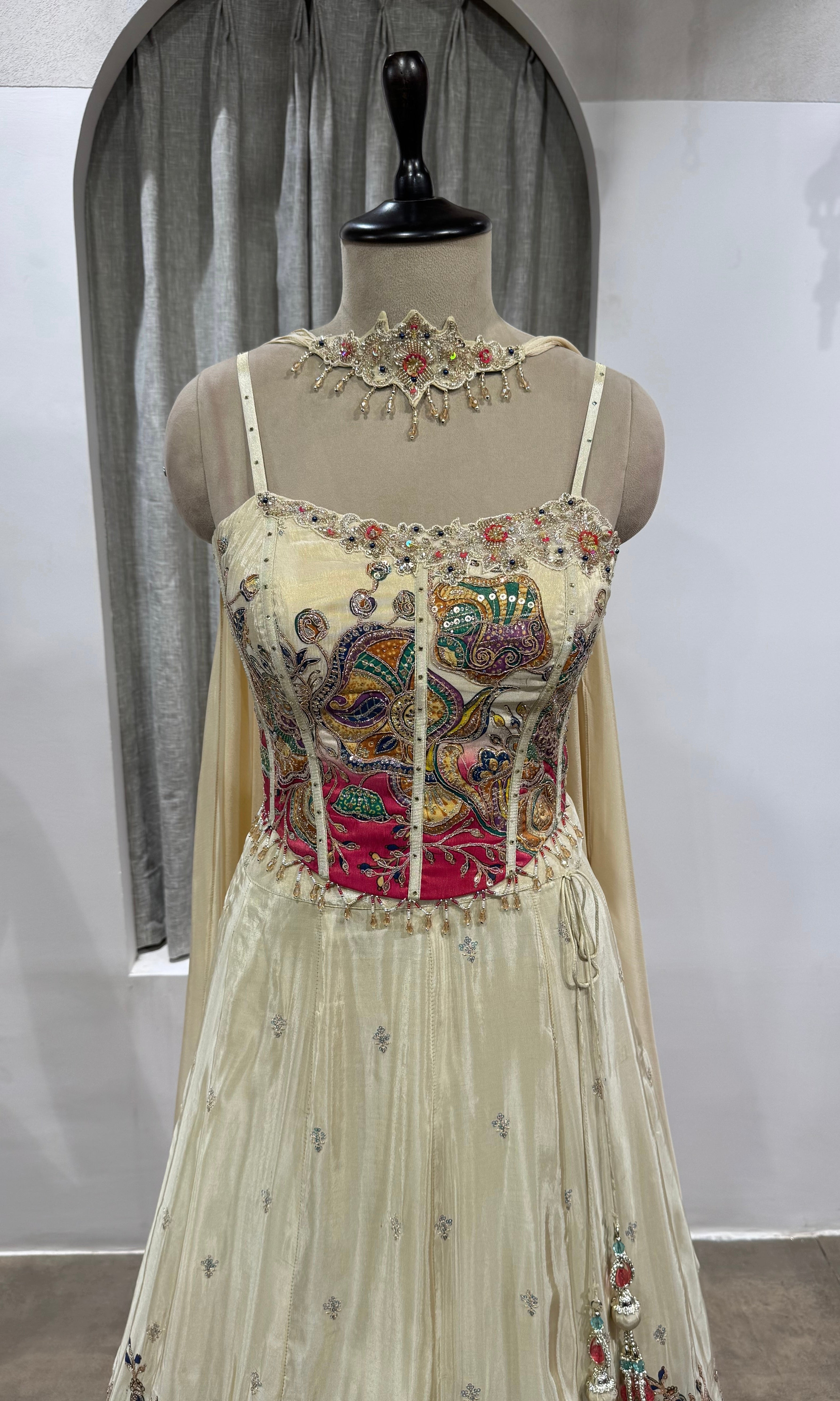 White and Pink corset Floral Lehenga