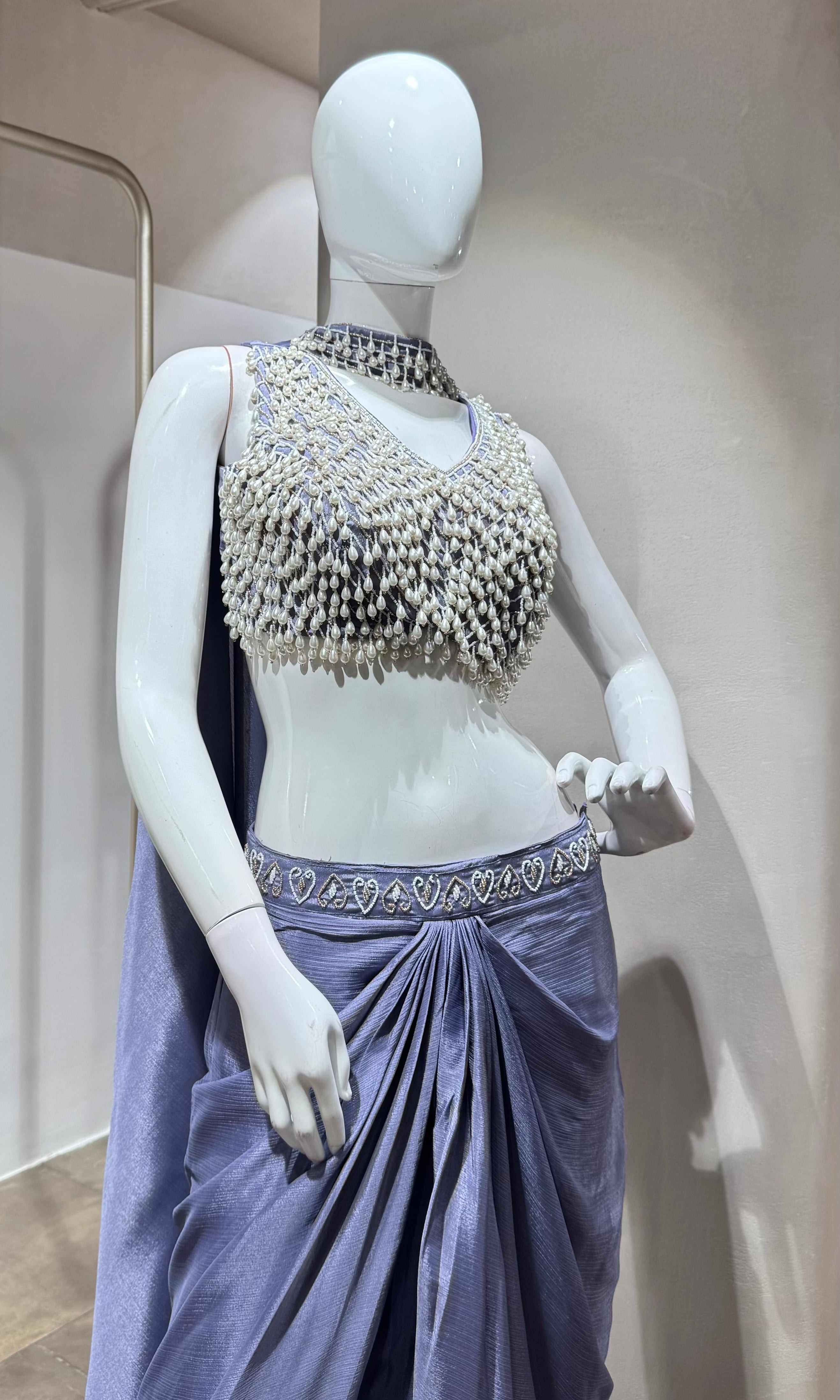 Lavender pearl blouse with drape skirt
