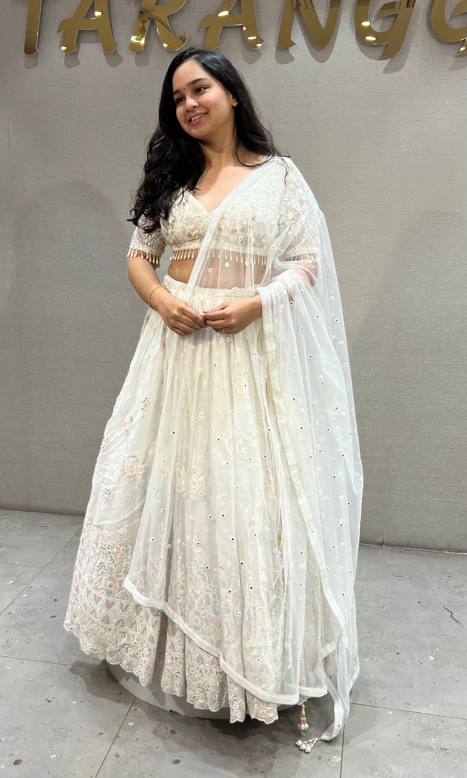 Cream Chikankari Lehenga Set with net dupatta