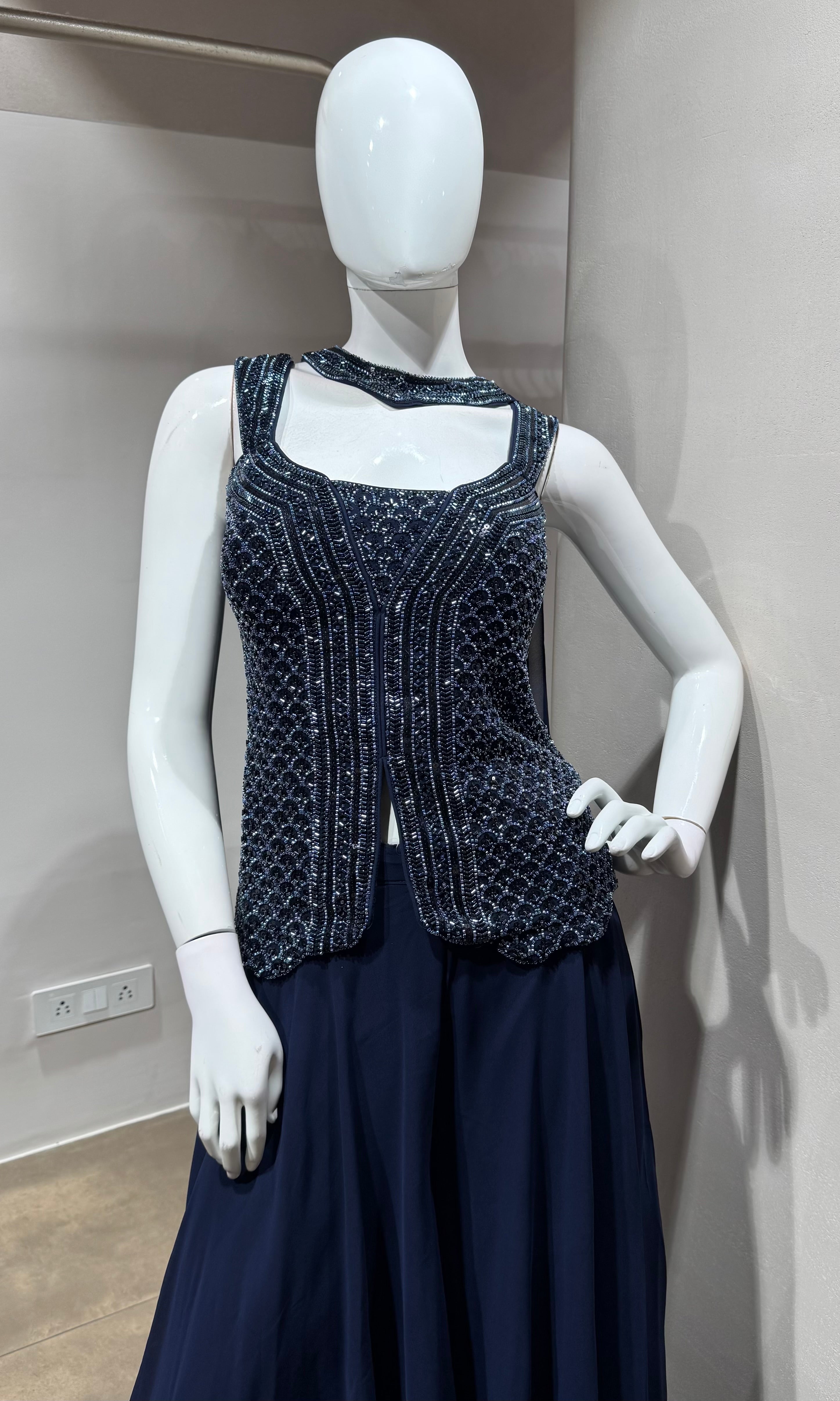 navy blue georgette sequin palazzo set