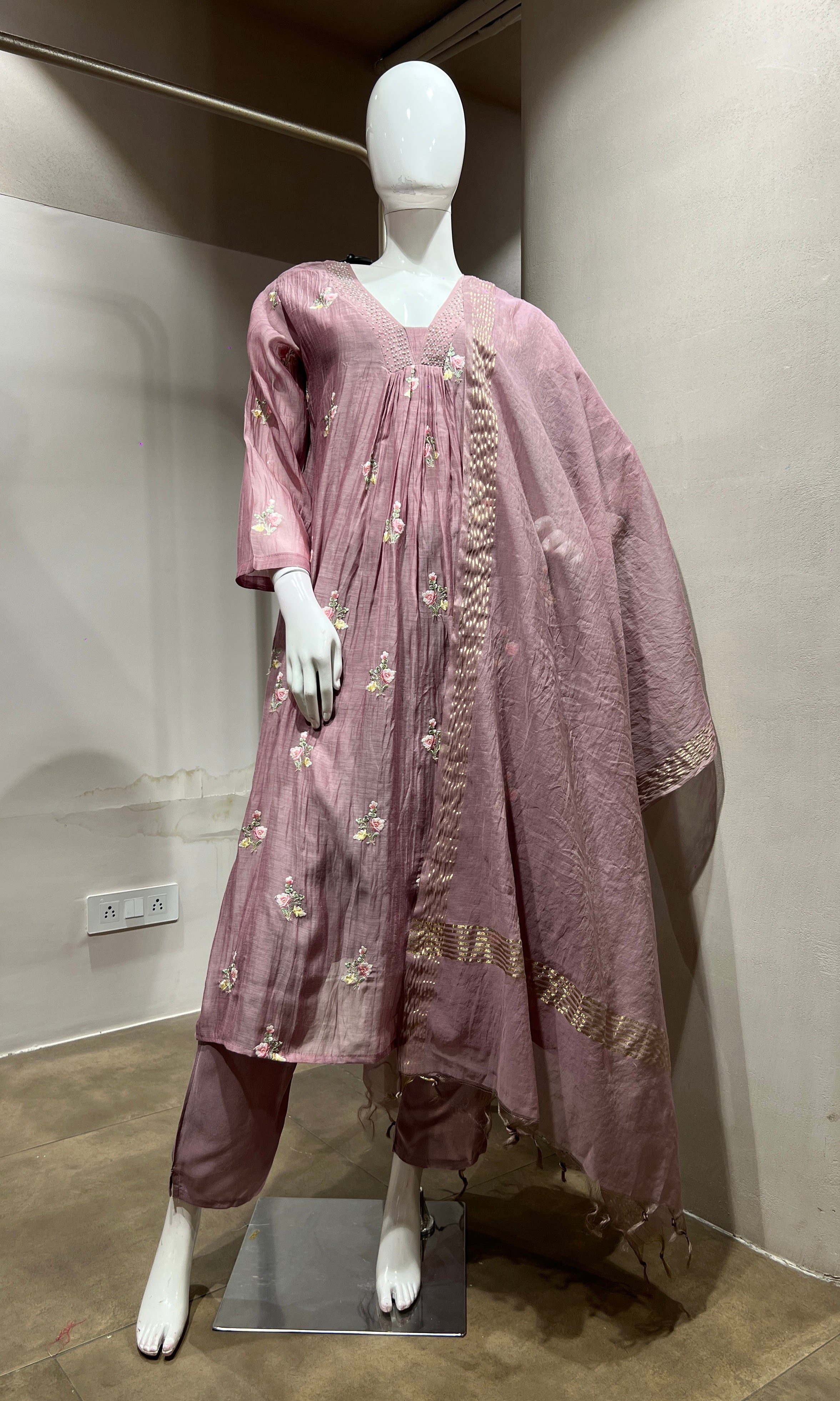 Onion Pink Flared Kurta Set with Dupatta