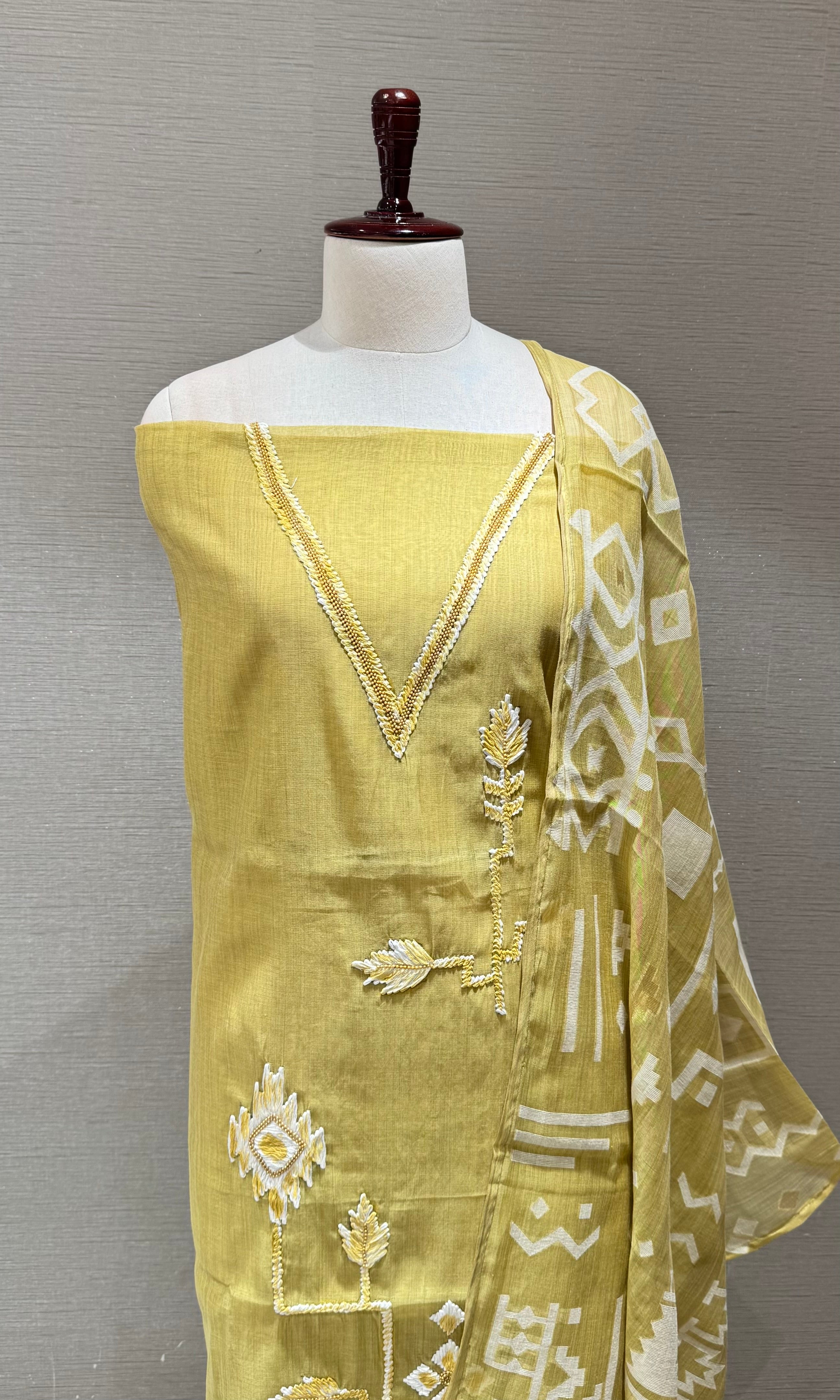 Olive green Dress Material with Geometric Embroidery