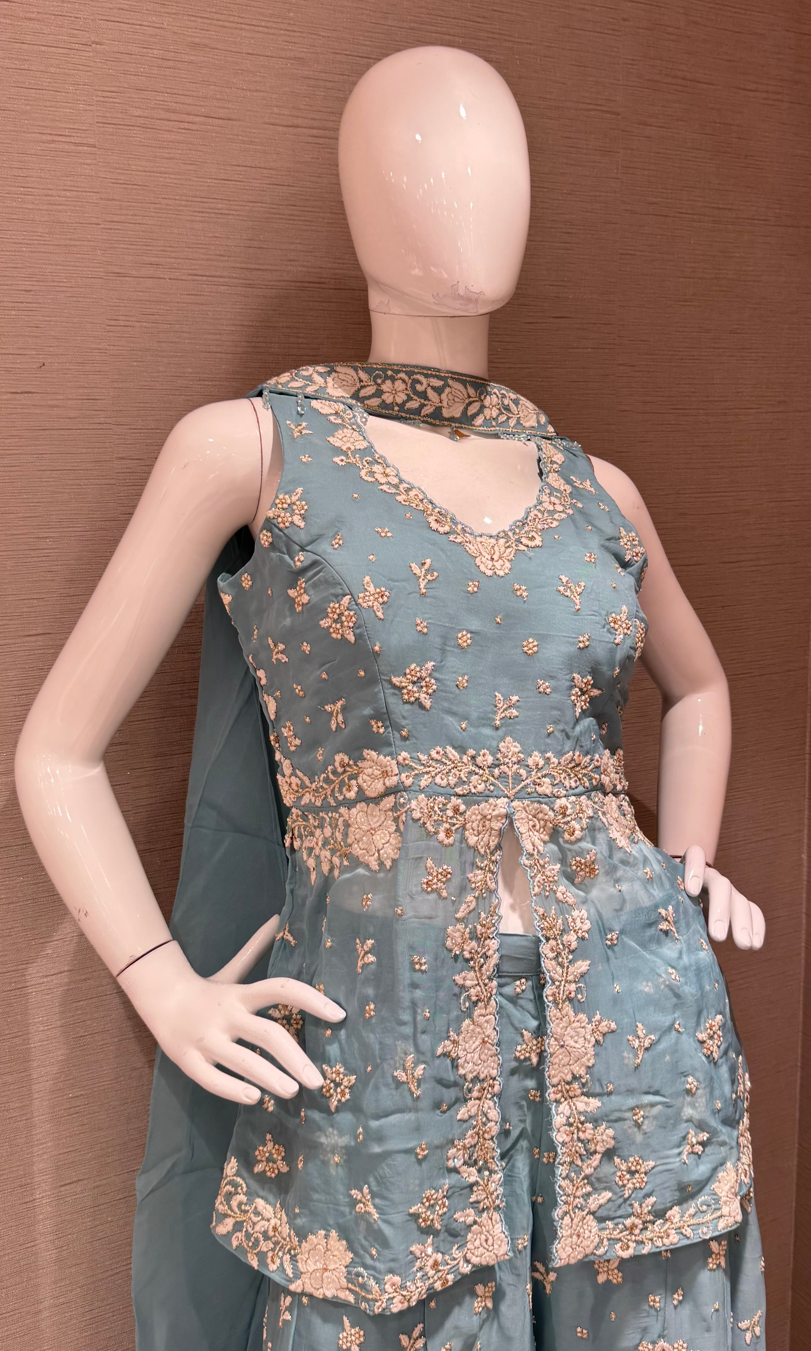 Blue Embellished Palazzo Set with Draped Dupatta