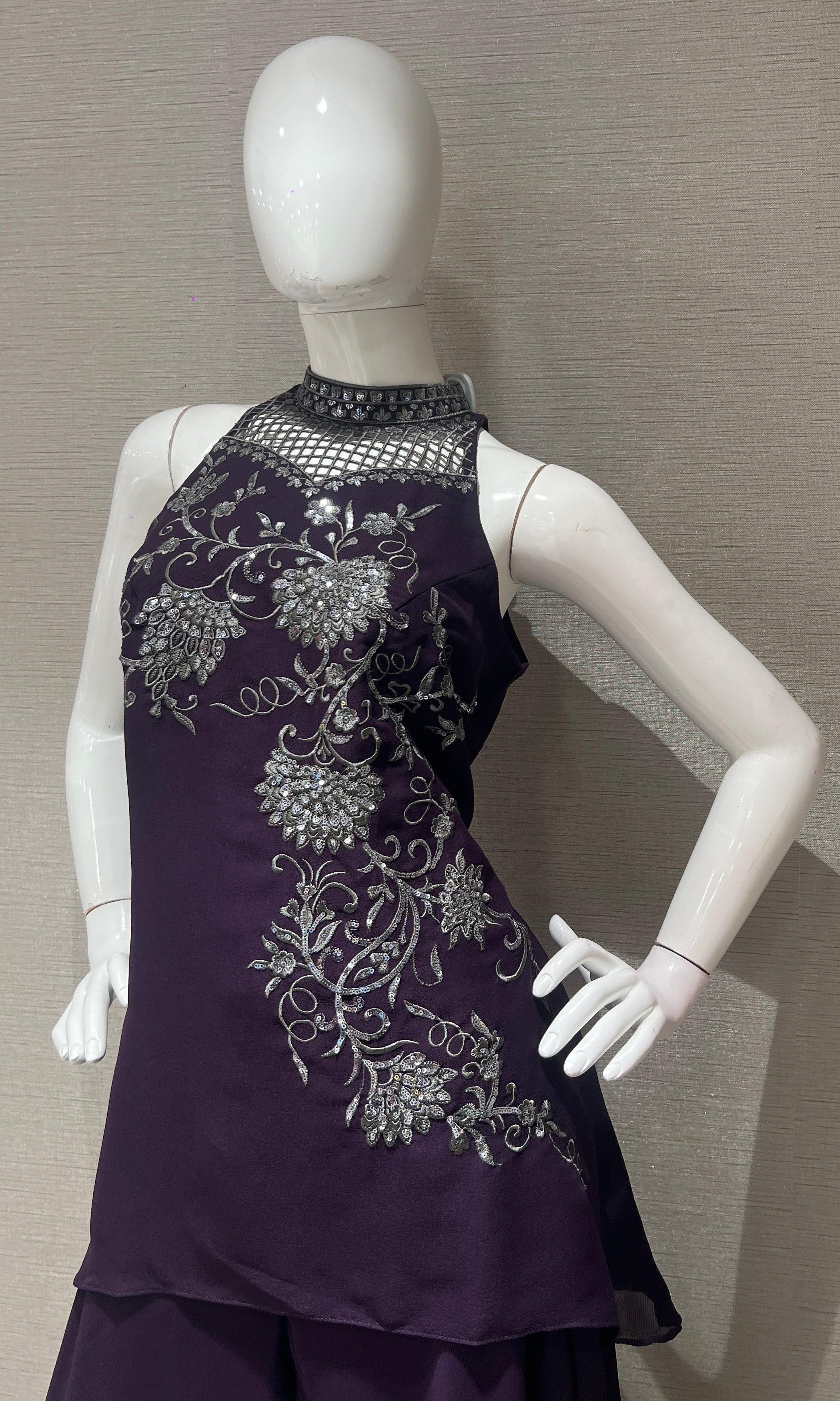 Wine ethnic floral halter peplum palazzo set