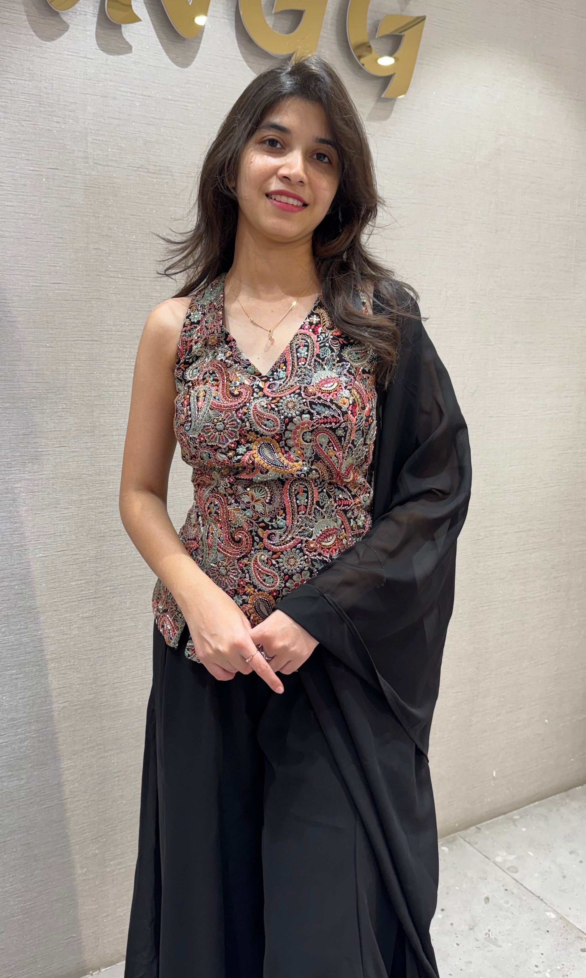 Black Floral Print Peplum palazzo set