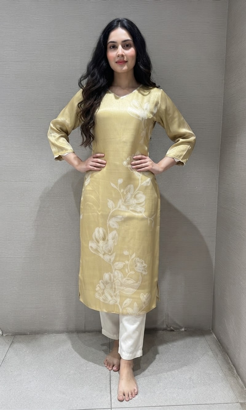 Gold Satin Floral Kurti top with bottom