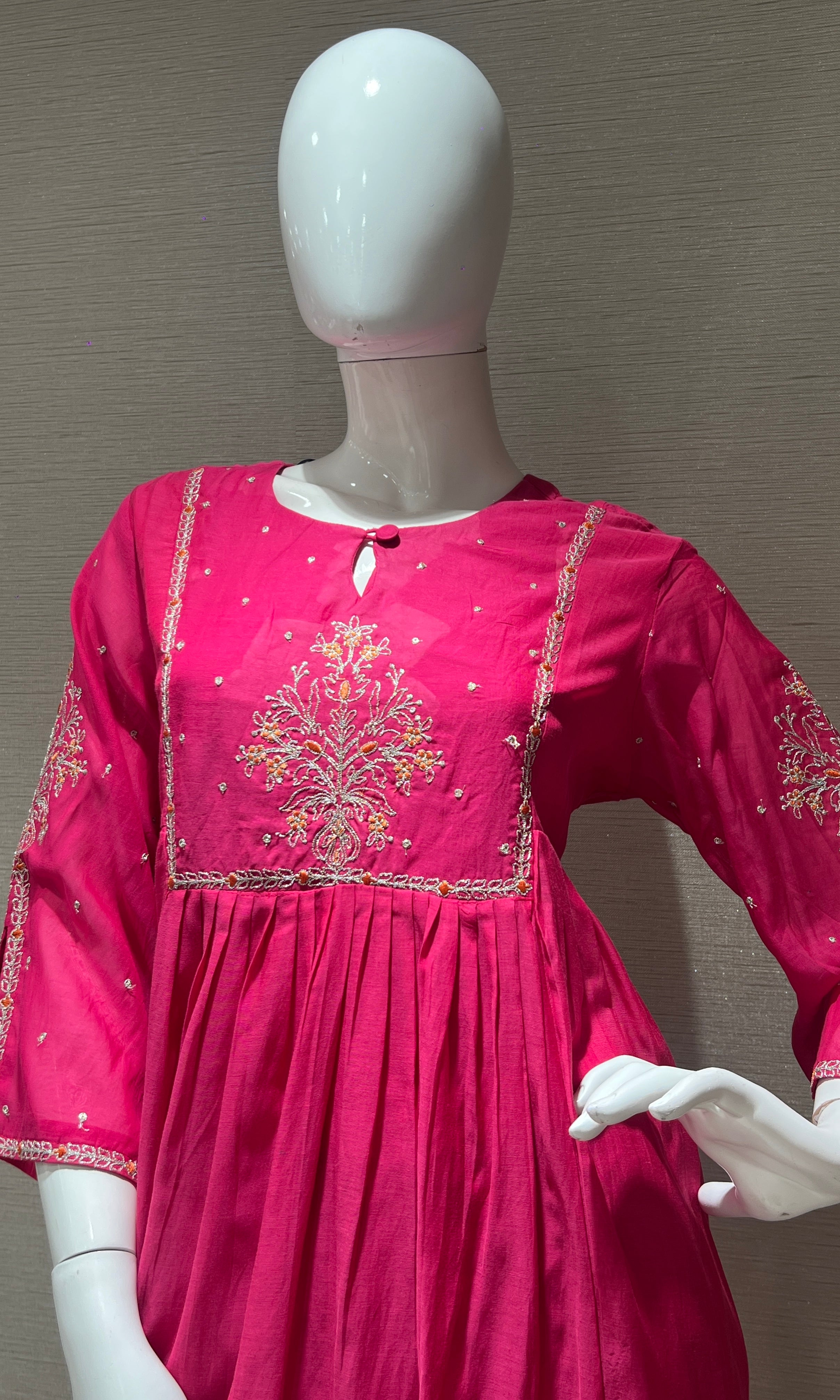 Rani pink mul Chanderi Anarkali kurta set
