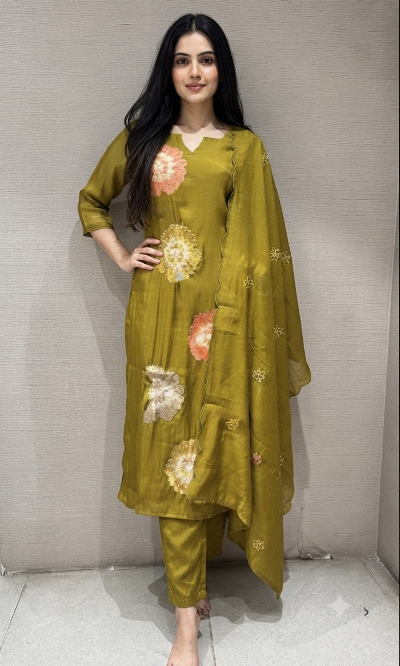 Mehendi Green cotton silk Floral Motif Kurta set with dupatta
