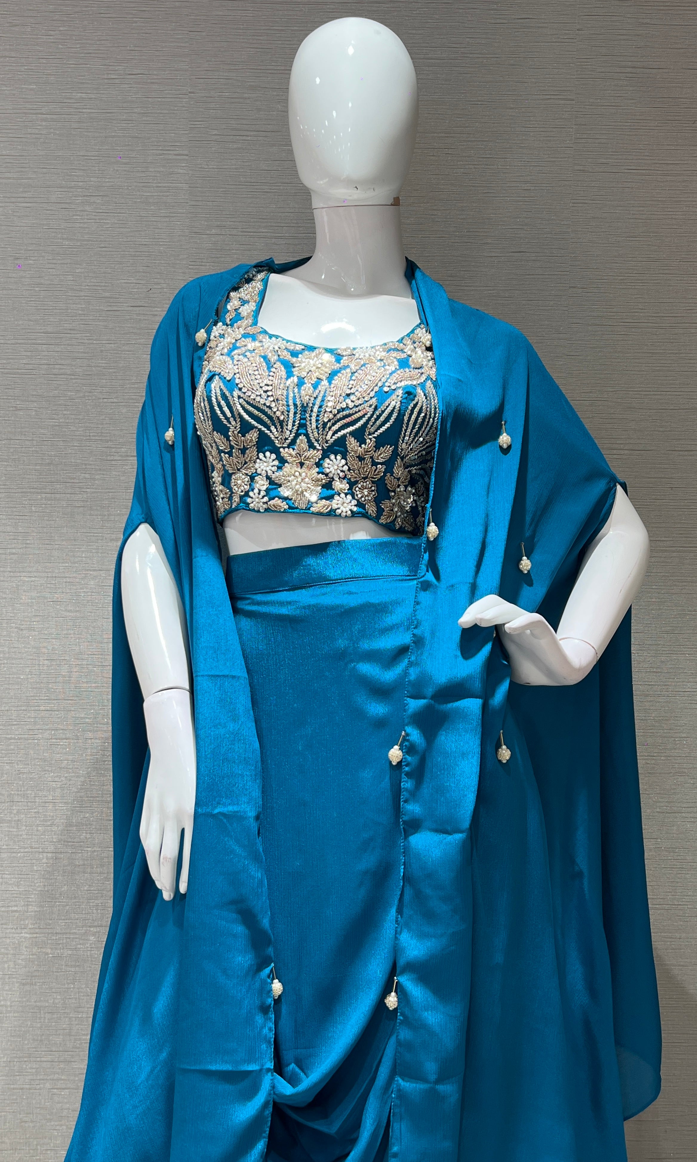 RAMA BLUE EMBROIDERED BLOUSE WITH DRAPE SKIRT