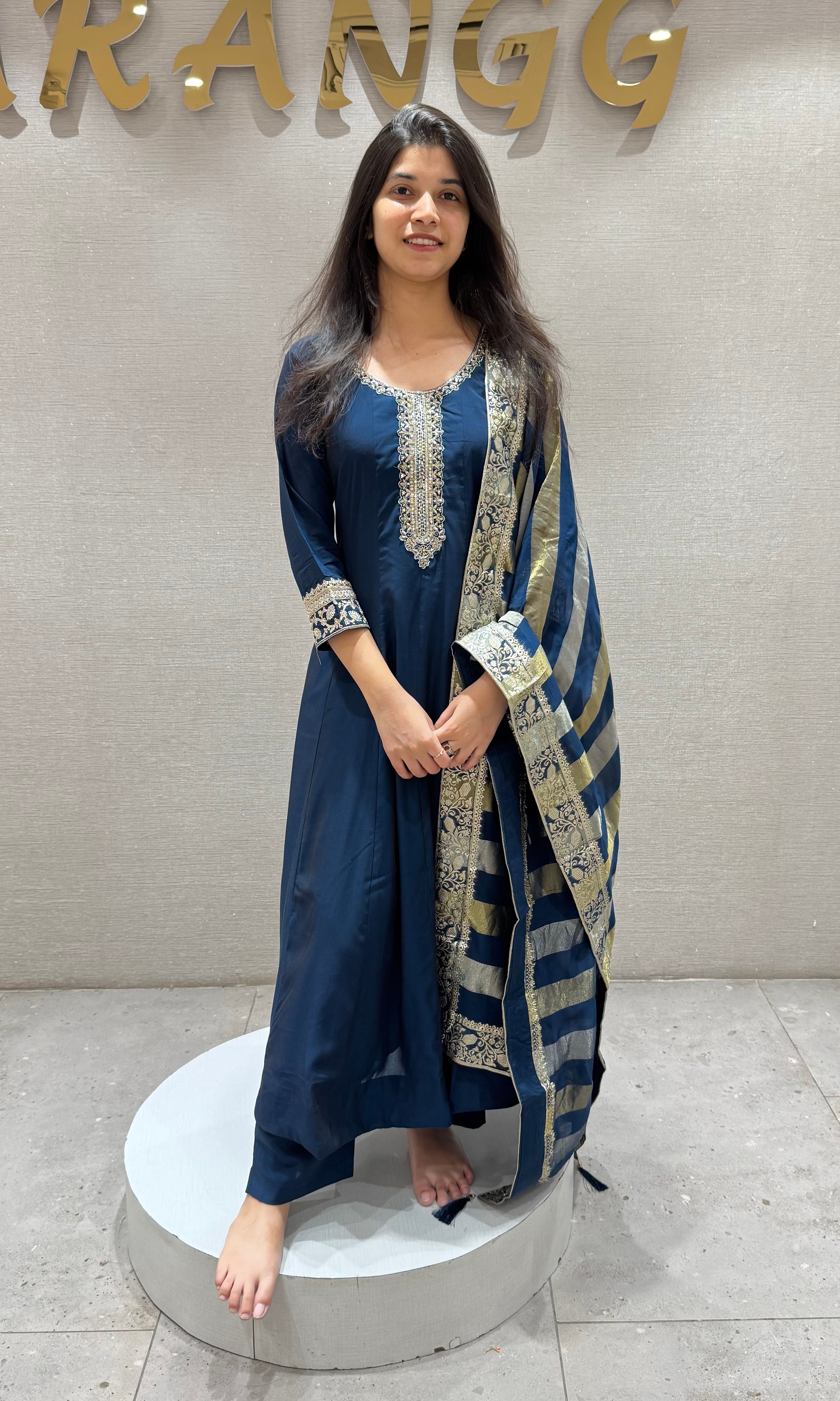 Regal Navy Blue Embroidered Anarkali Set