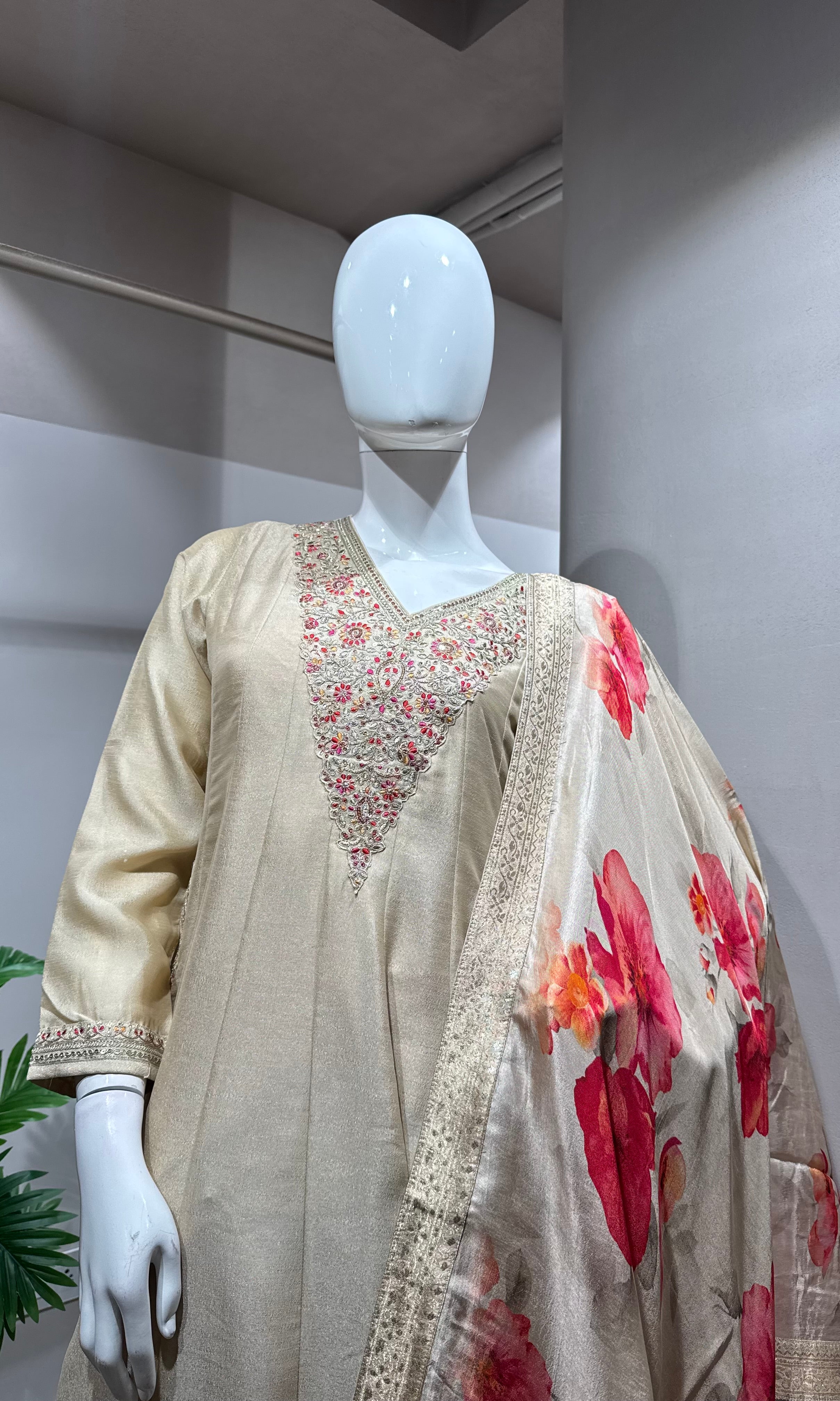 Cream Chanderi Silk Anarkali set