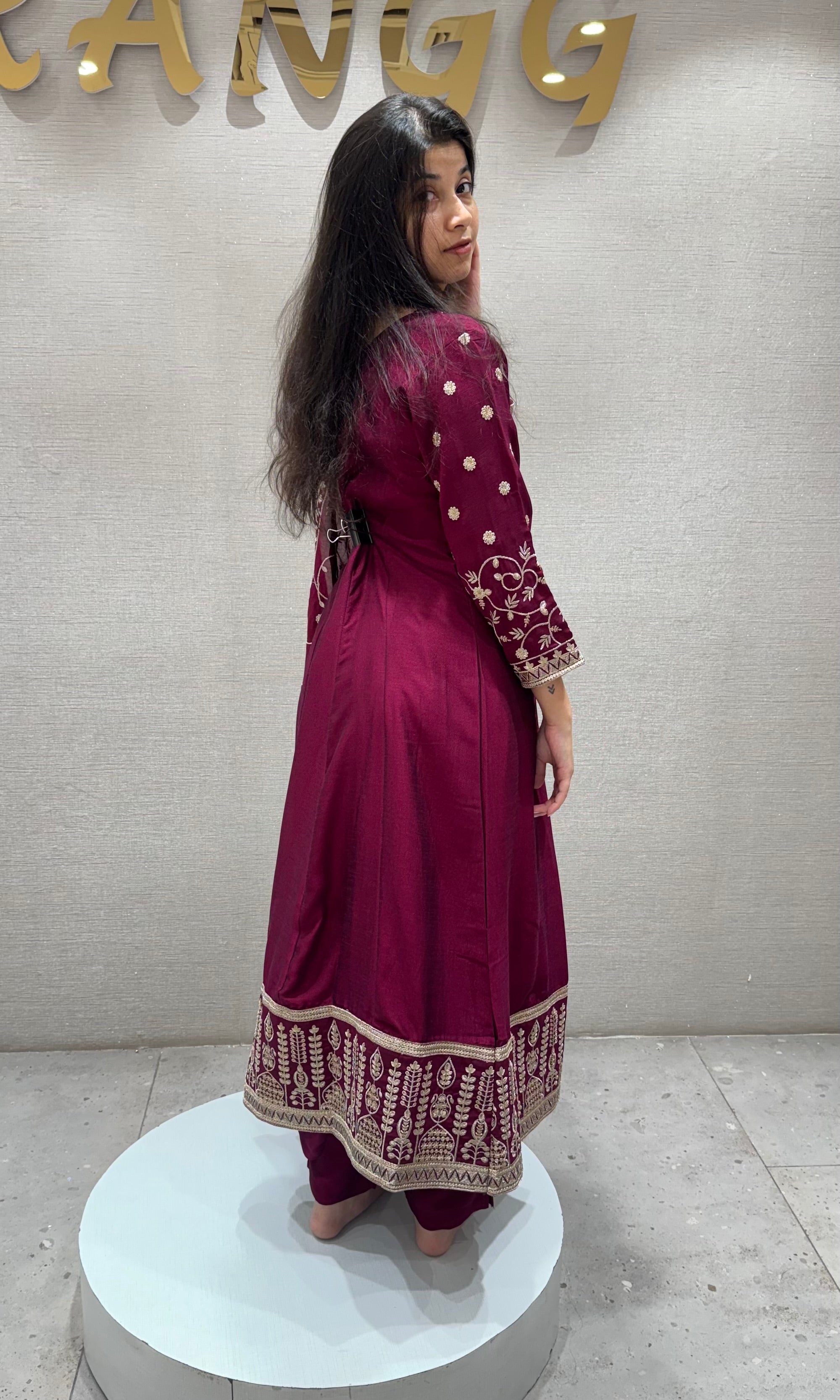 Wine Silk Embroidered Anarkali Set