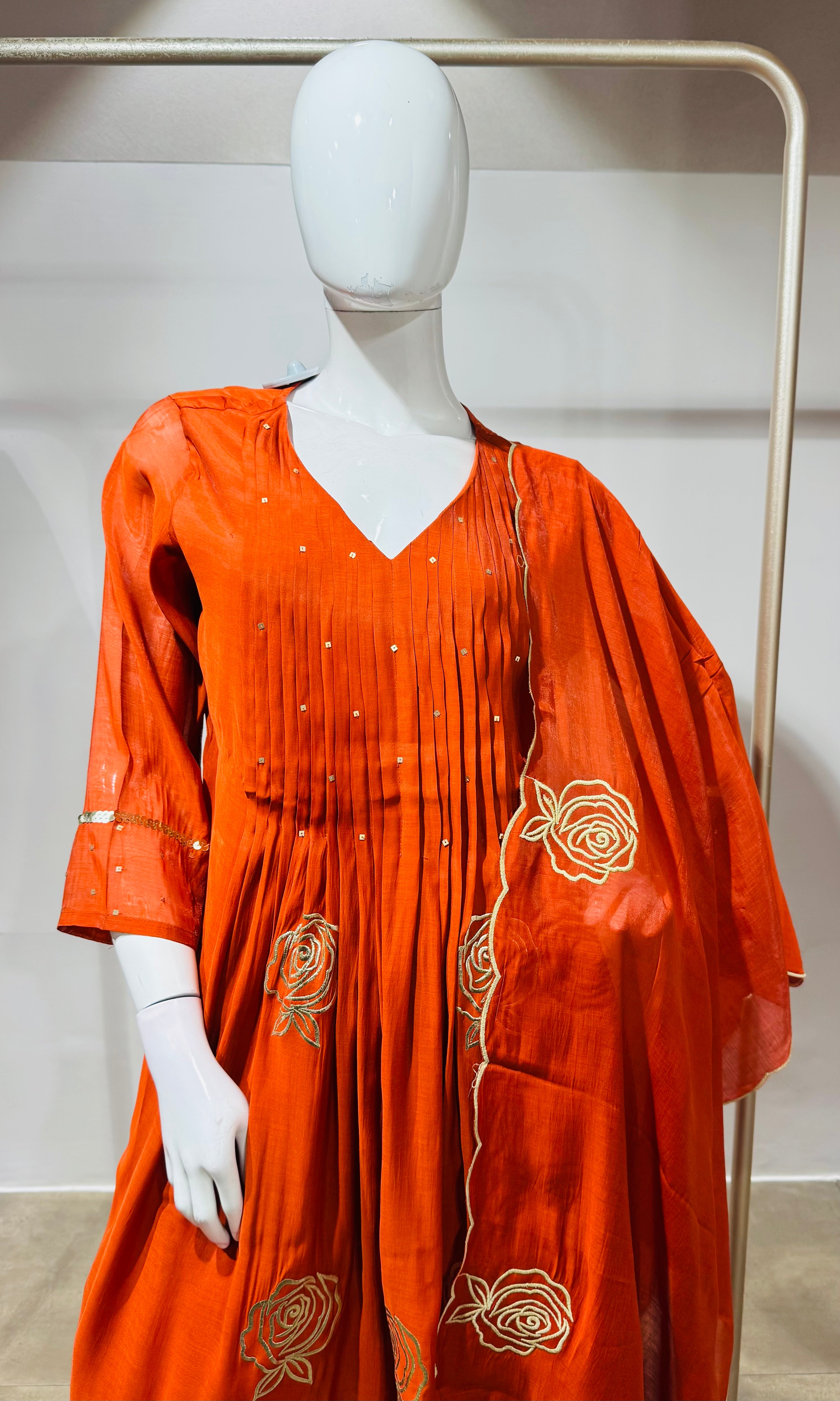 Rust golden floral mul chanderi kurta set