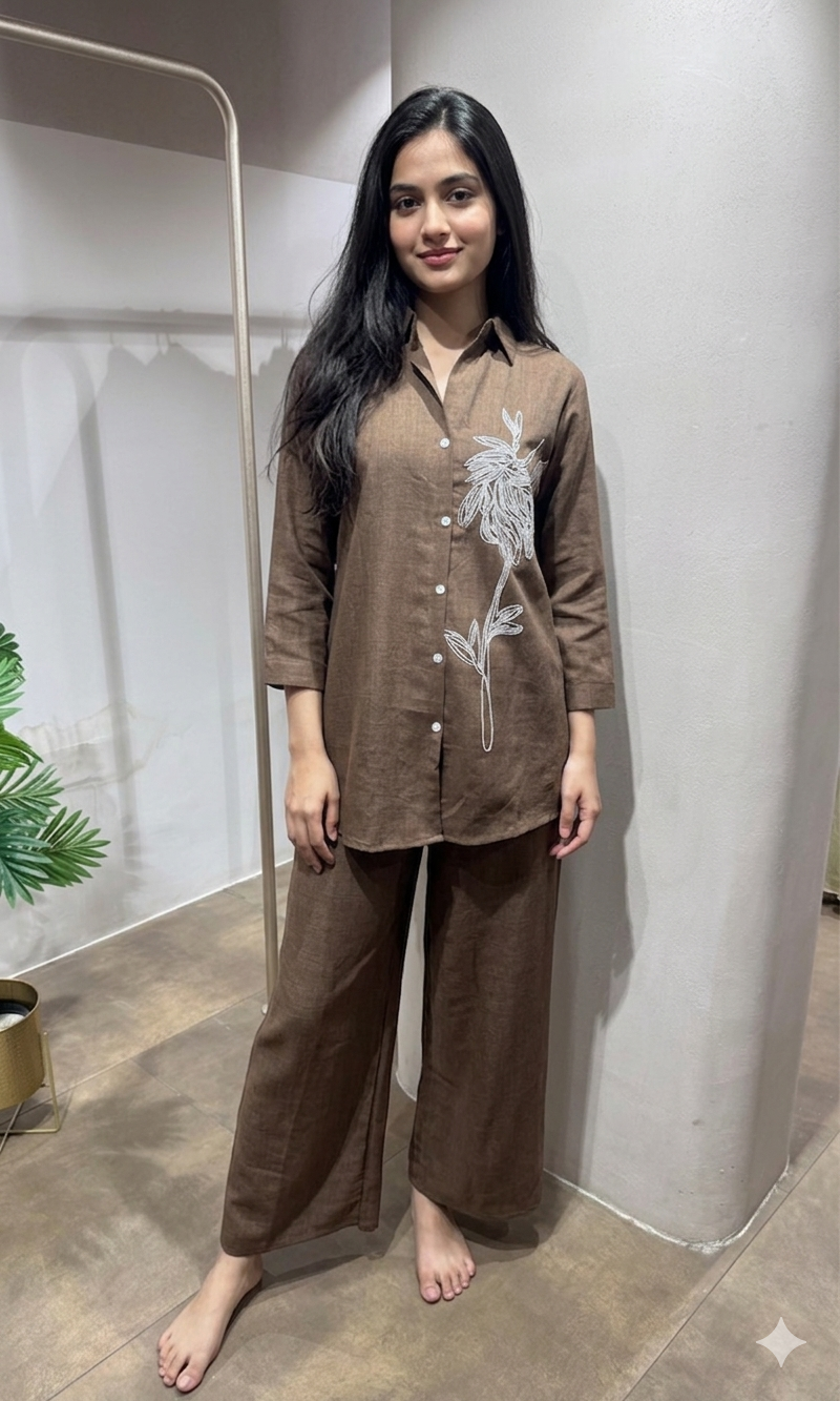 Brown Floral Embroidered Cord Set