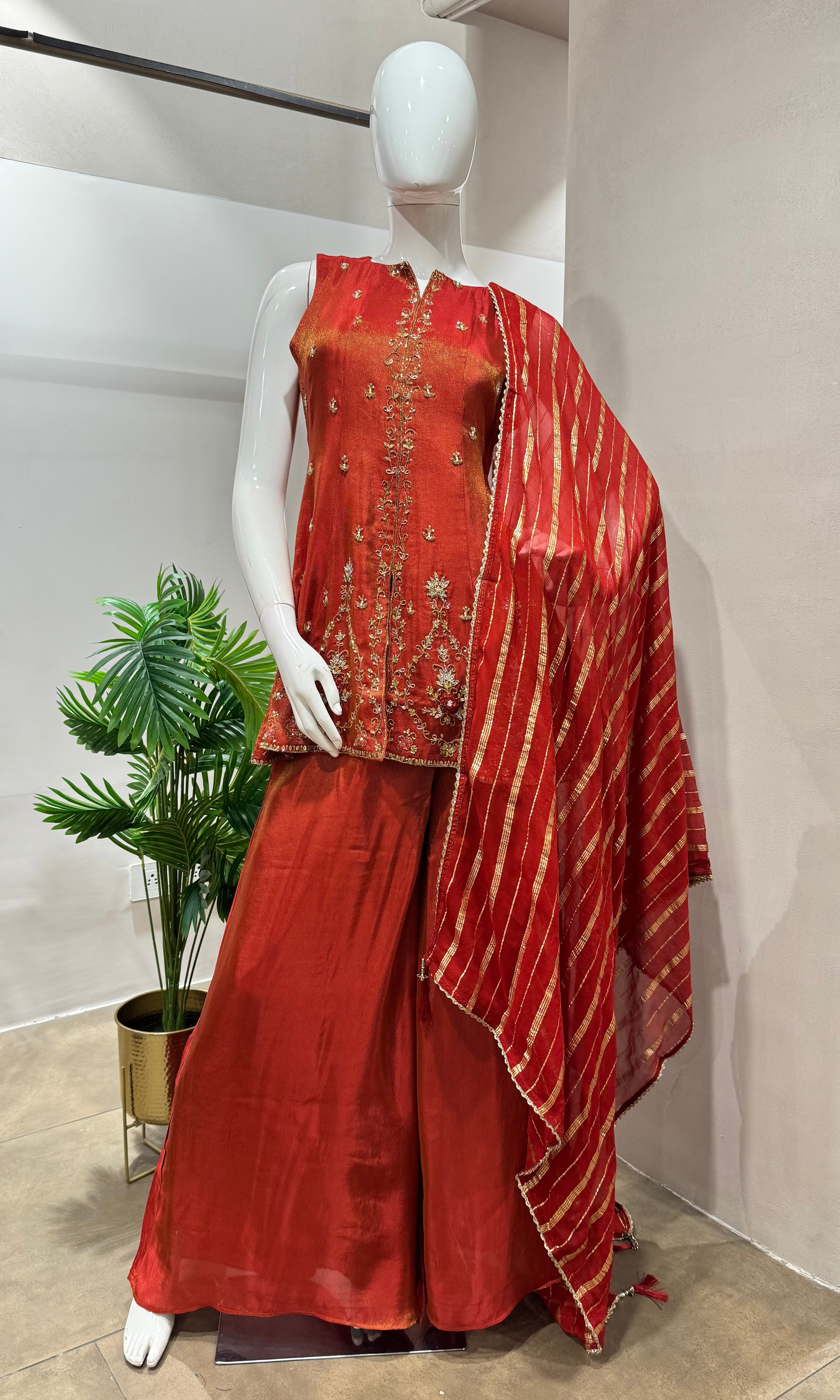 Rust golden anarkali with palazzo set