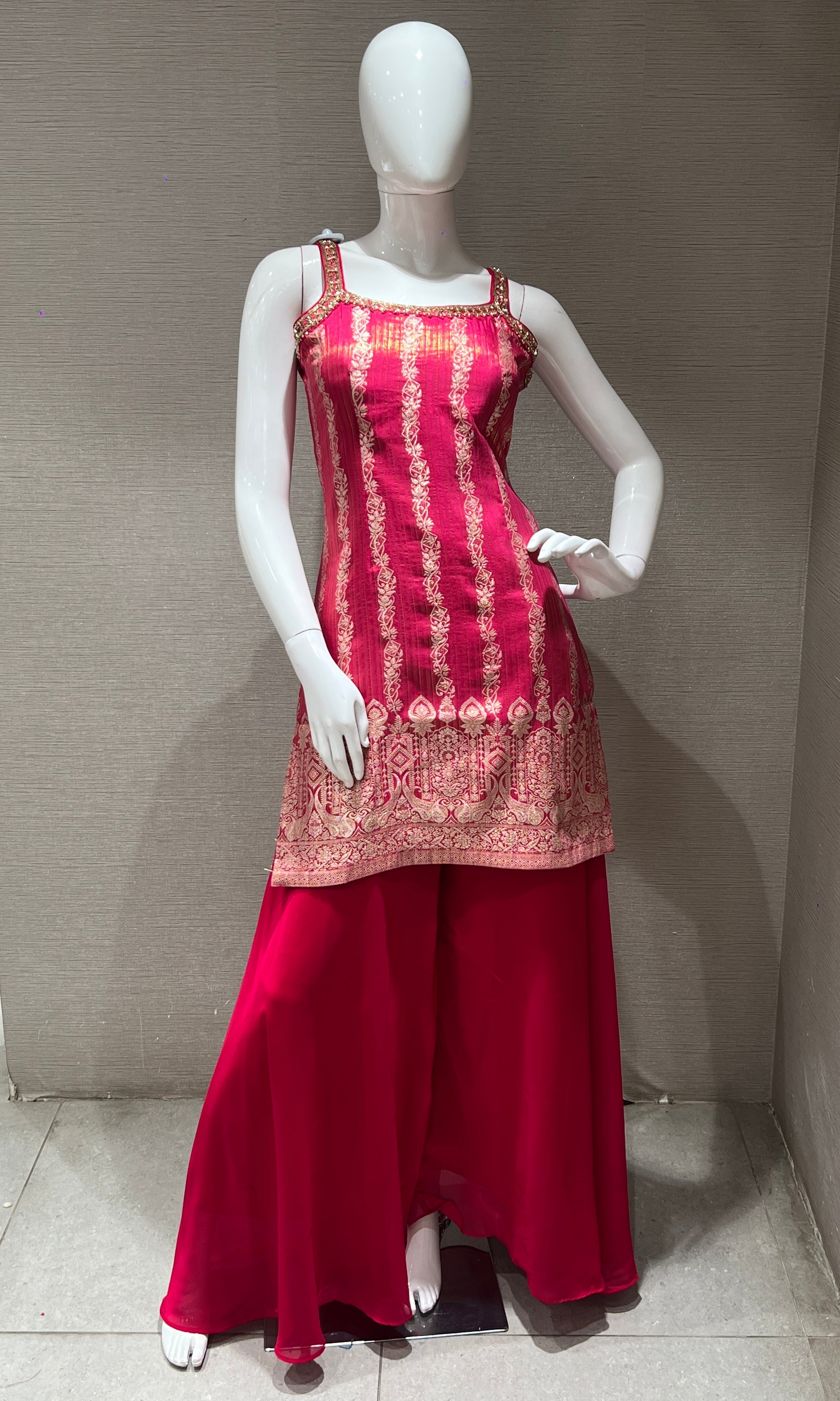 Rani pink with gold Embroidered Sharara Set