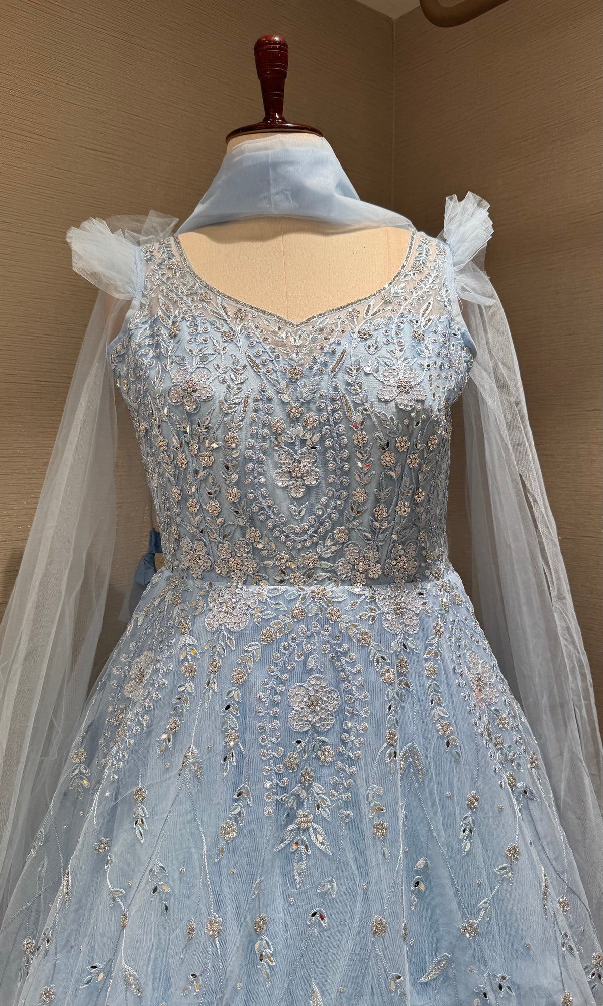 Sea Blue Tulle Ballgown with Floral Embroidery