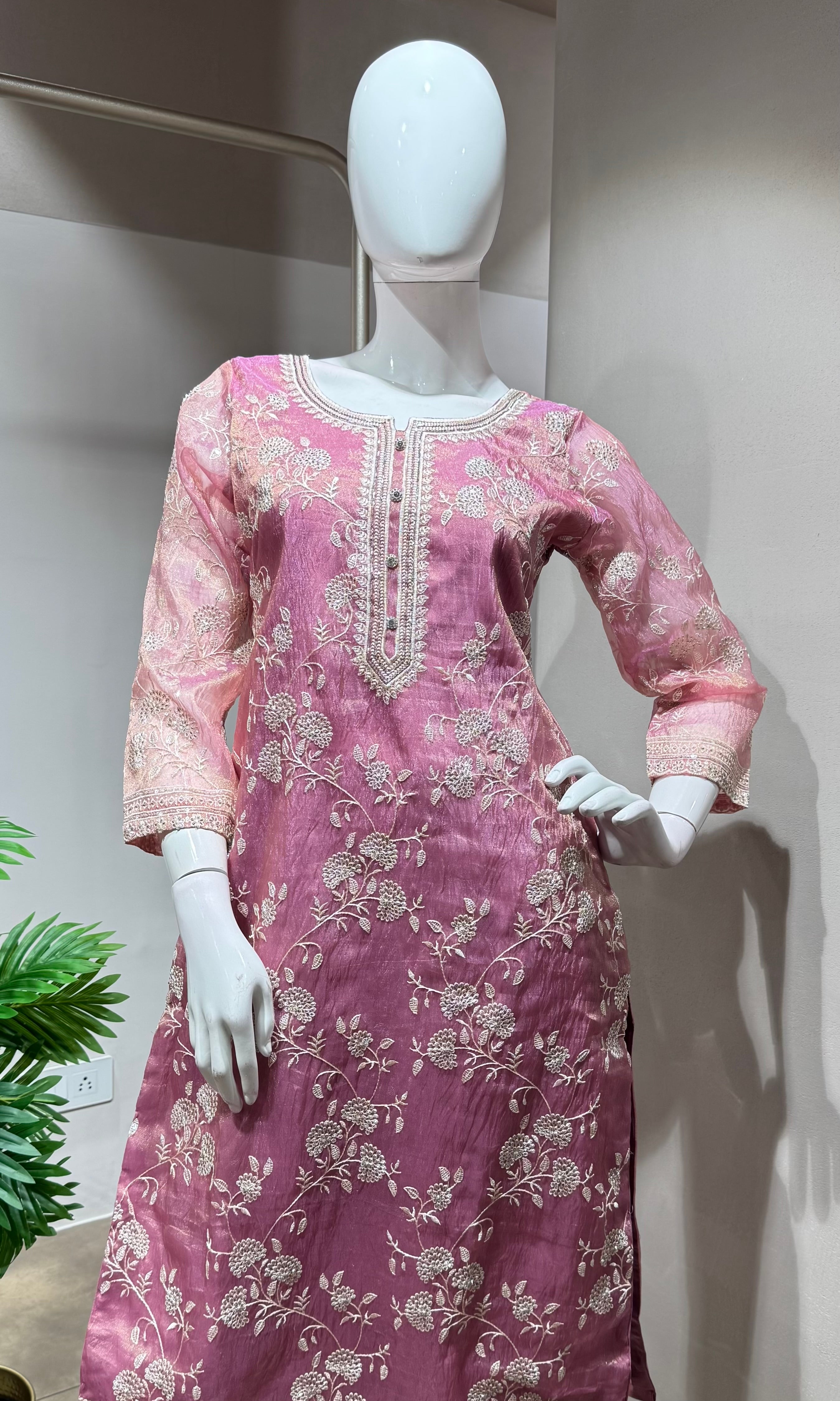 Onion pink floral embroidery kurta set