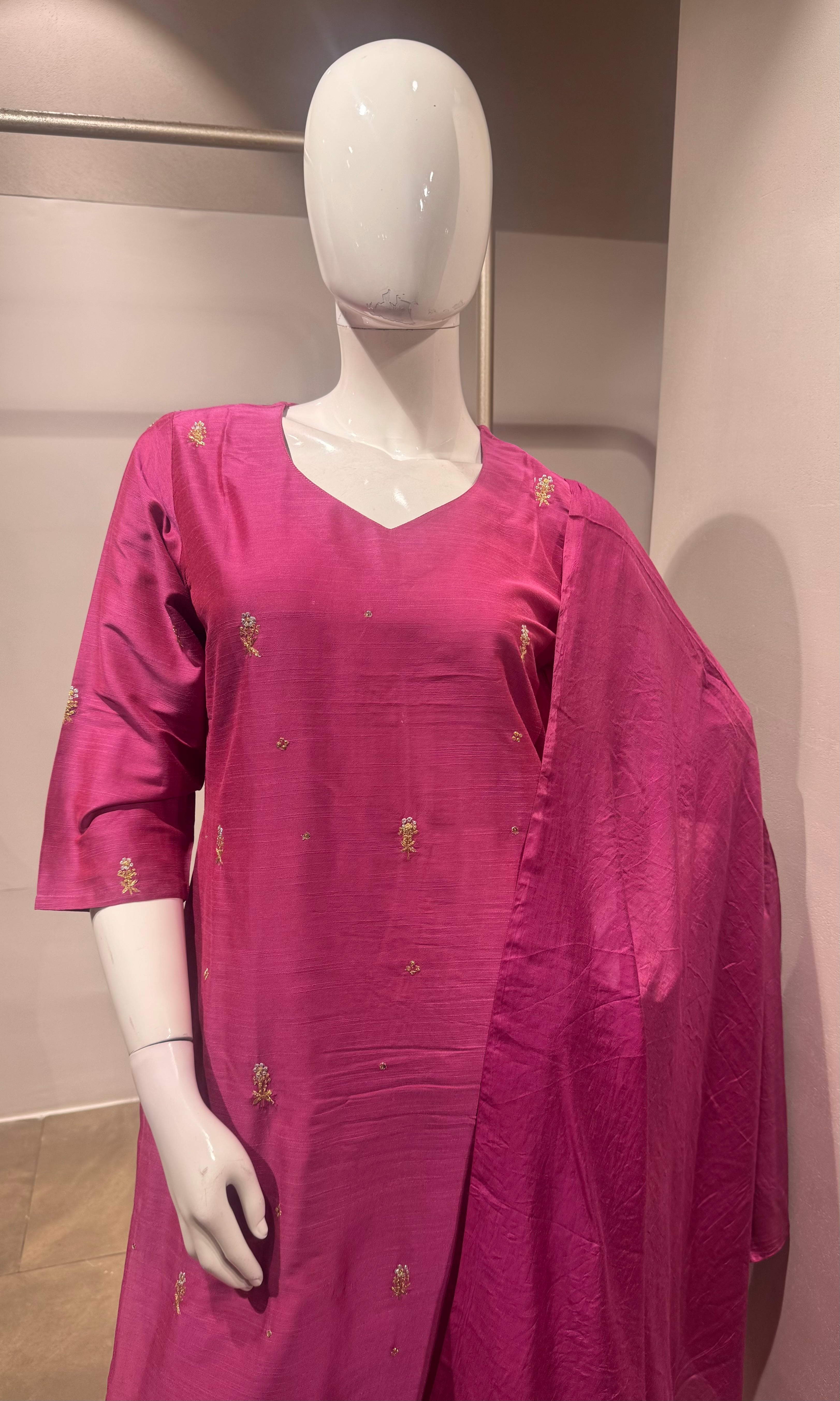 Fuchsia Pink Raw Silk Kurta Set with Banarasi Dupatta