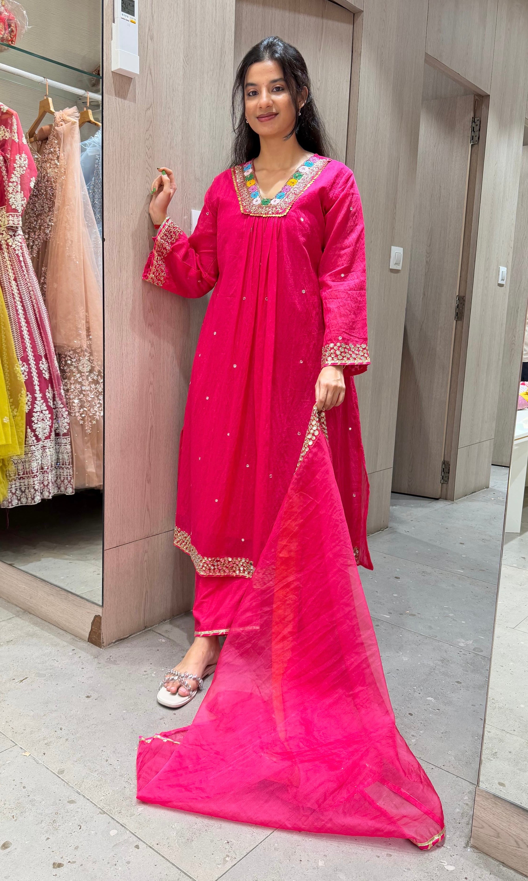RANI PINK FLORAL NECK A LINE kurta set