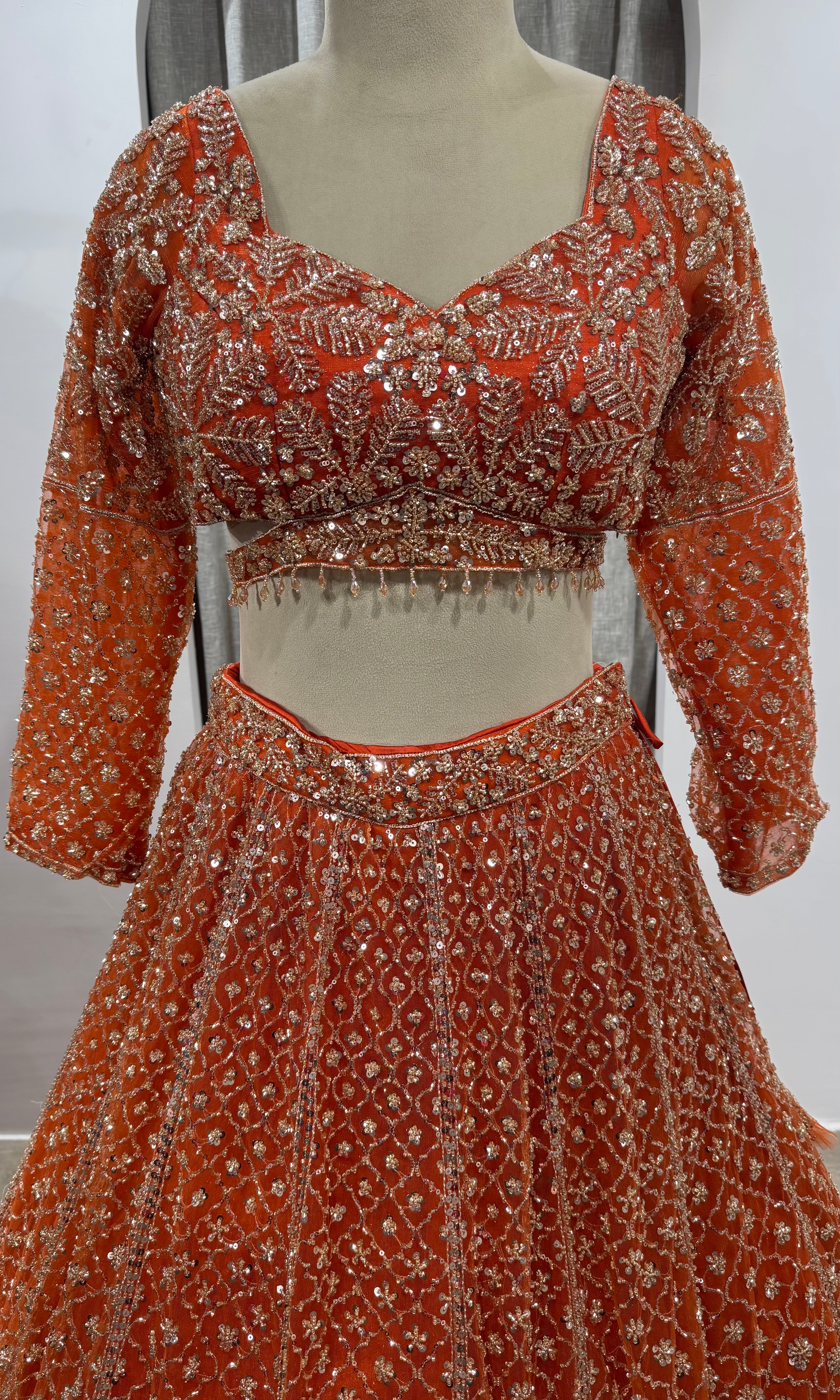 Rust Orange Embroidered Lehenga