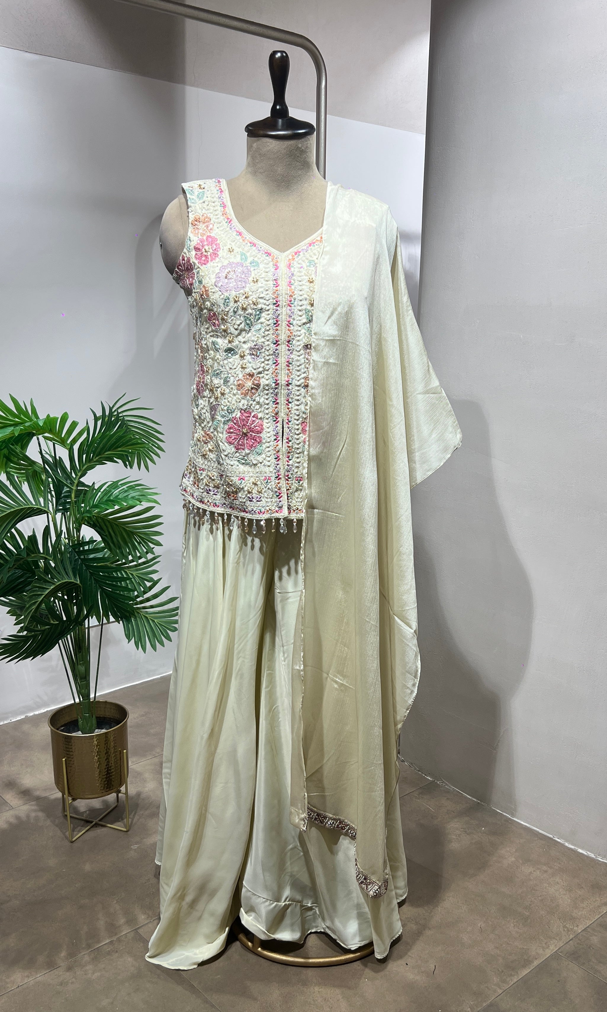 Cream Floral Embroidered Palazzo Suit