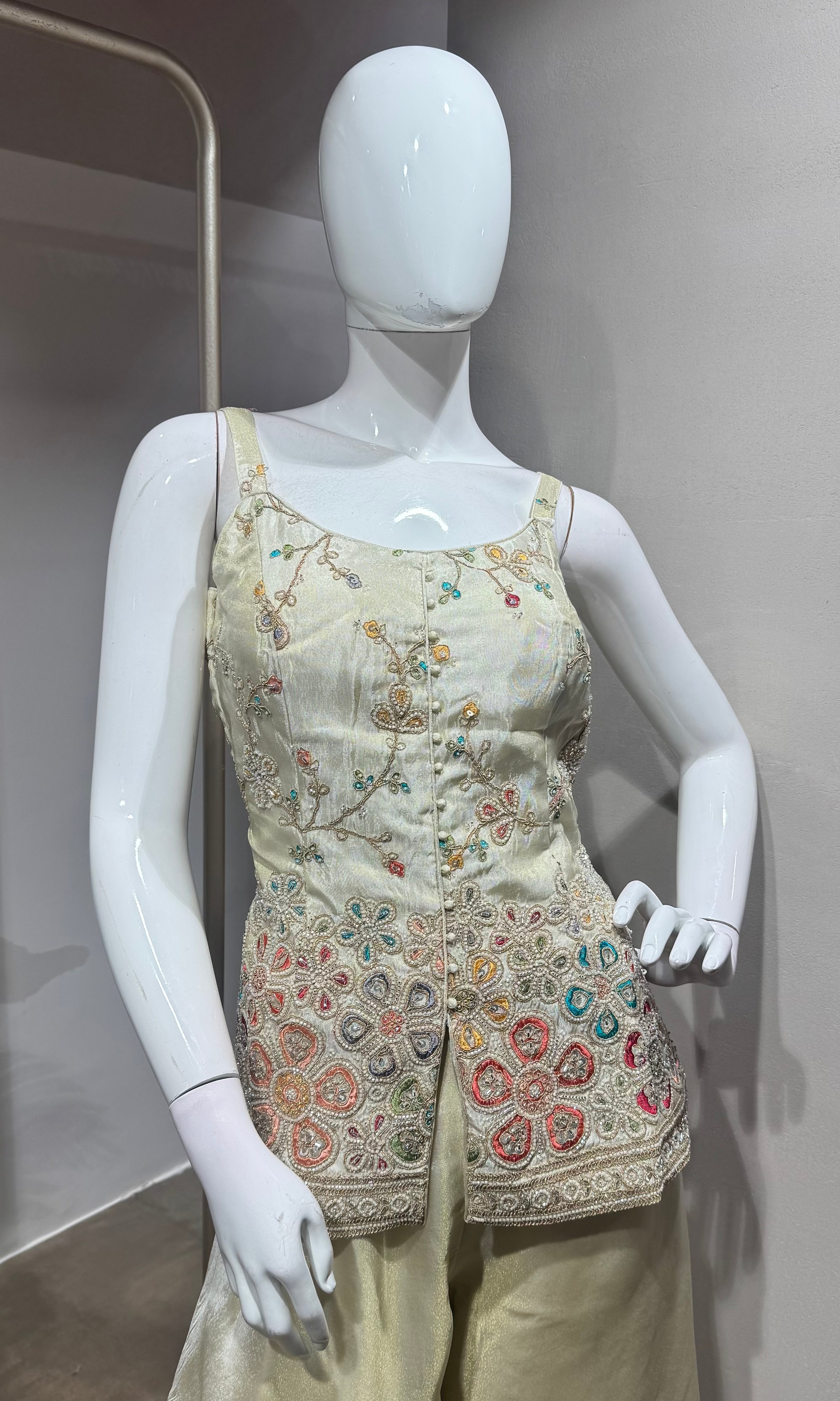 Cream Floral Embroidered Palazzo Set