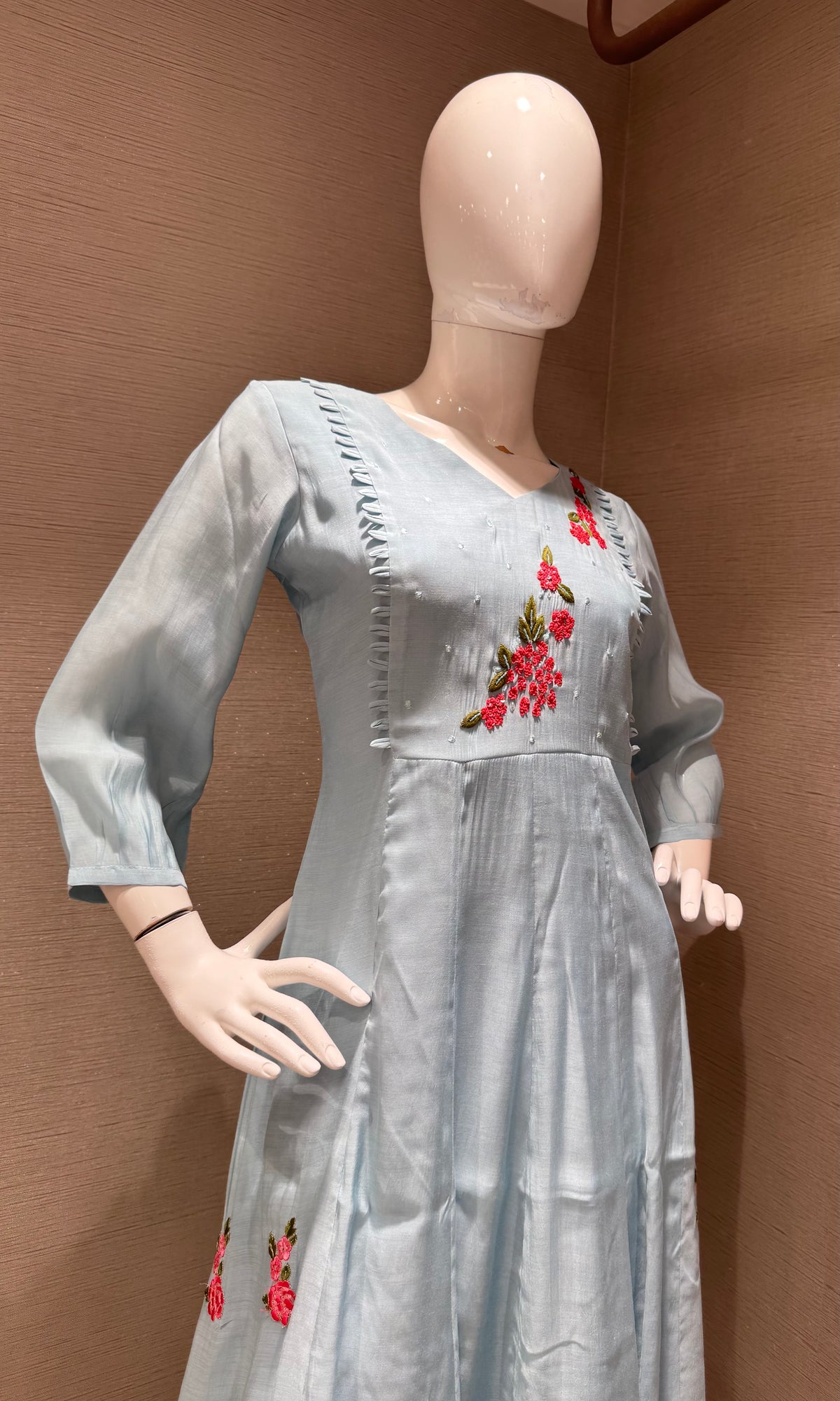 Light Blue Floral Embroidery A-Line Kurta top