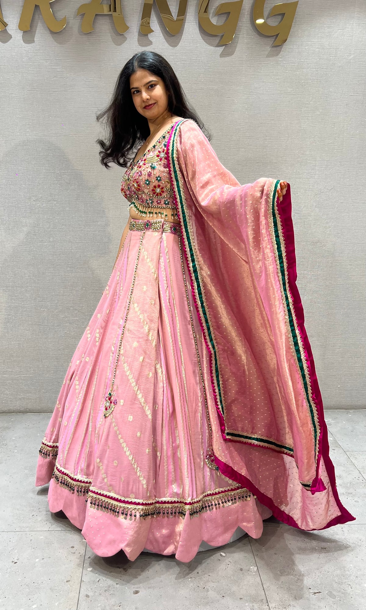 Pastel Pink Flared Lehenga Set with Heavily Embellished Blouse & dupatta
