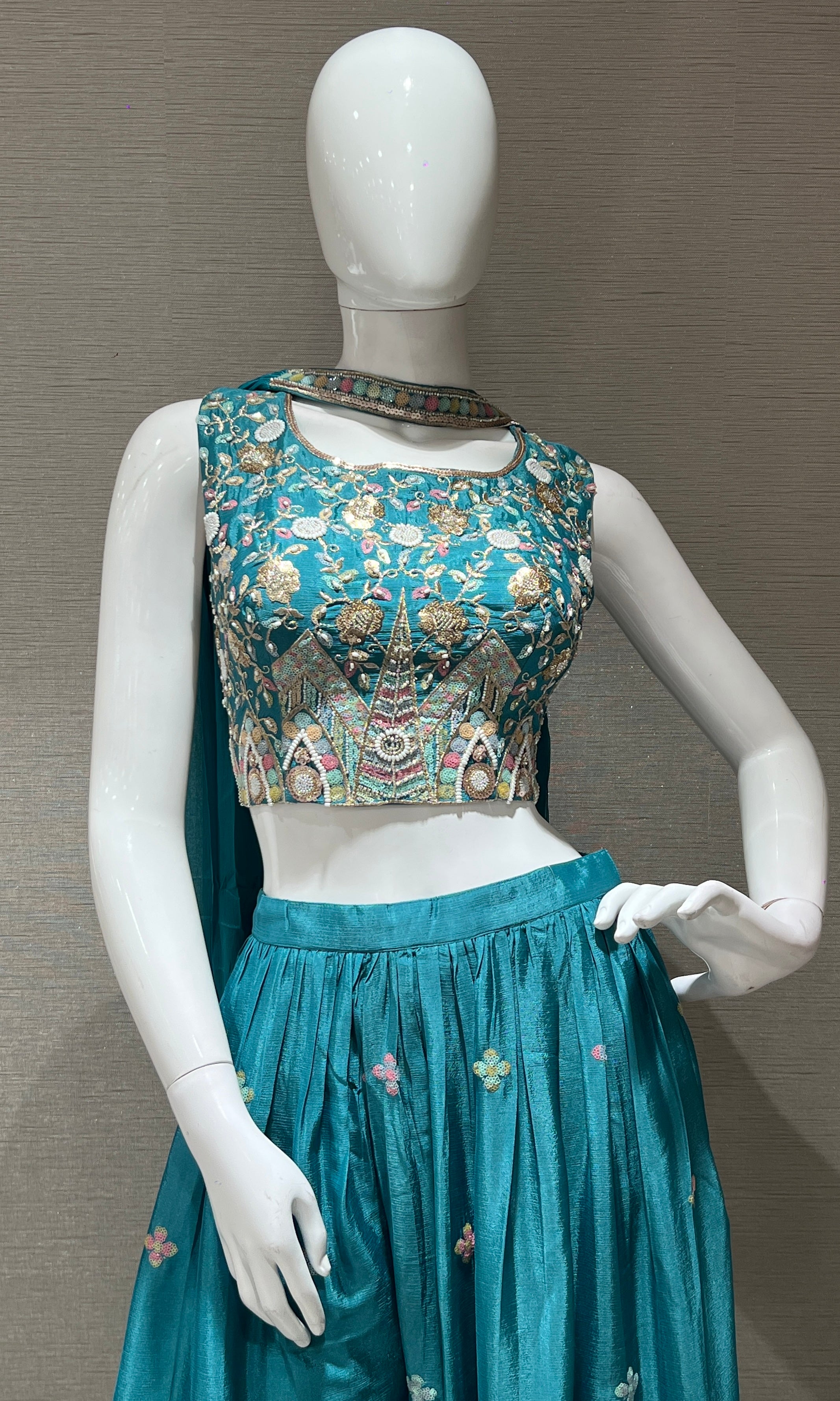 Sea Green Embroidered Crop Top Palazzo Set