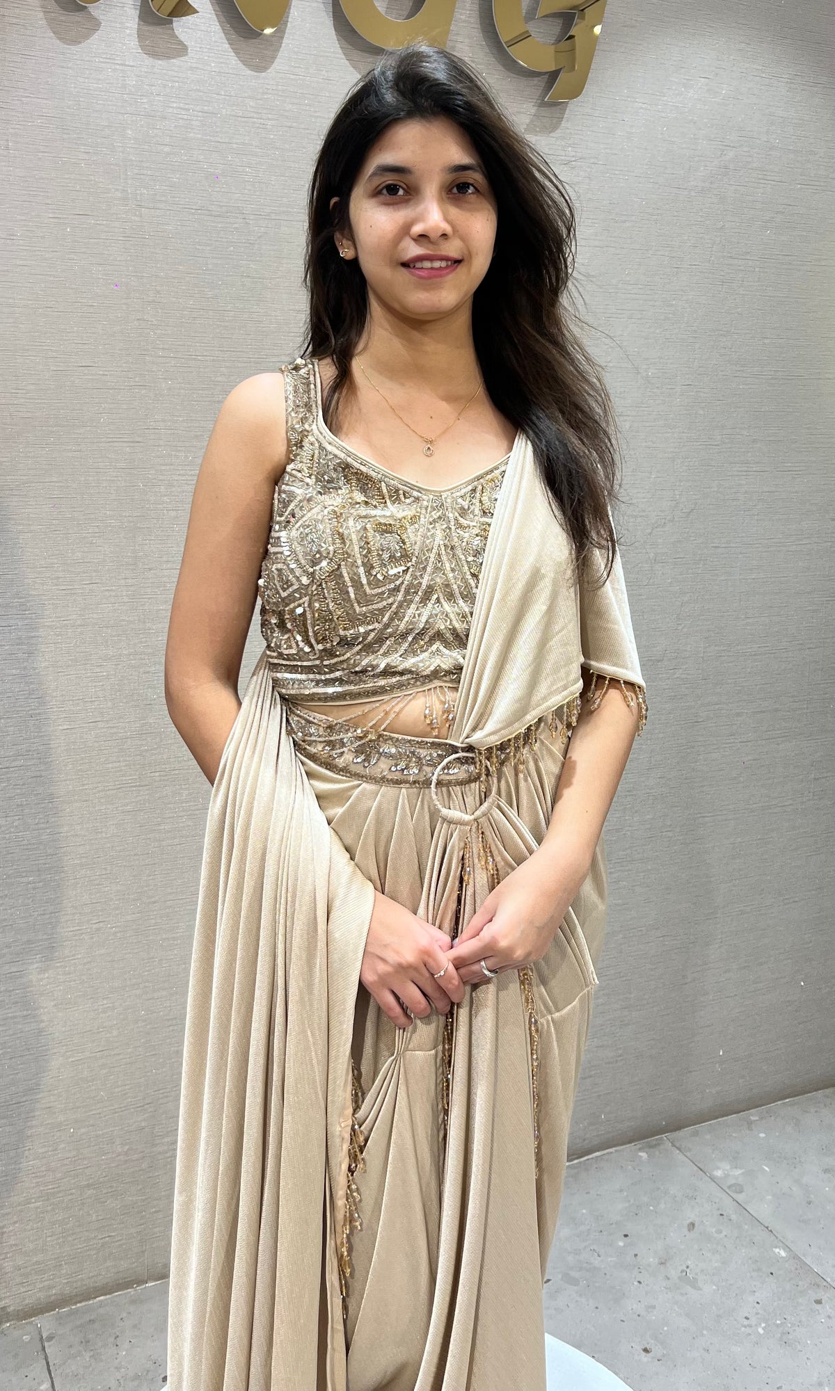 BEIGE SILK SATIN DRAPE SAREE WITH EMBROIDERED BLOUSE