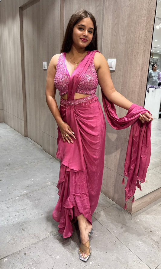 🌸Onion Pink drape saree one minute saree, ready to wear🌸