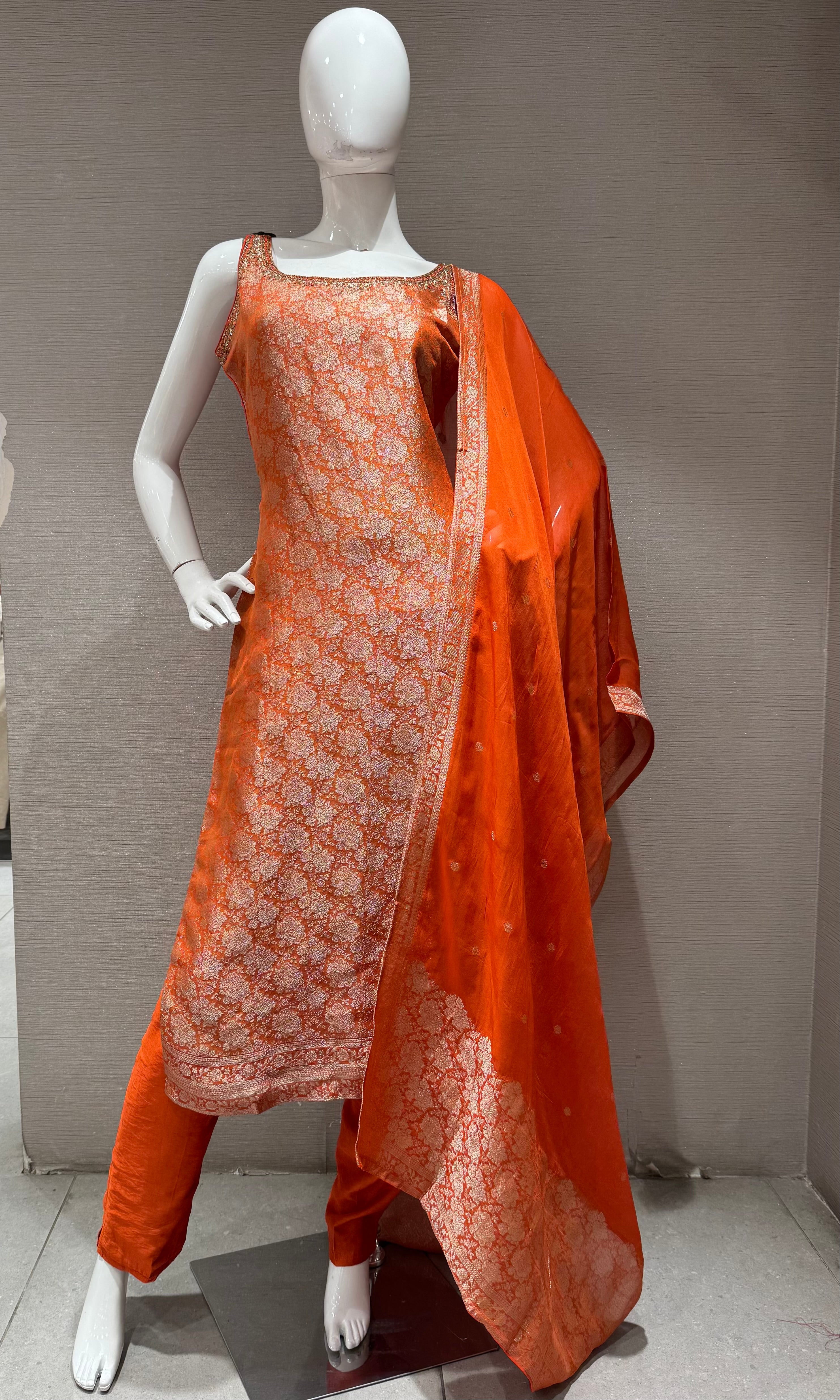 orange Banarasi silk kurta set