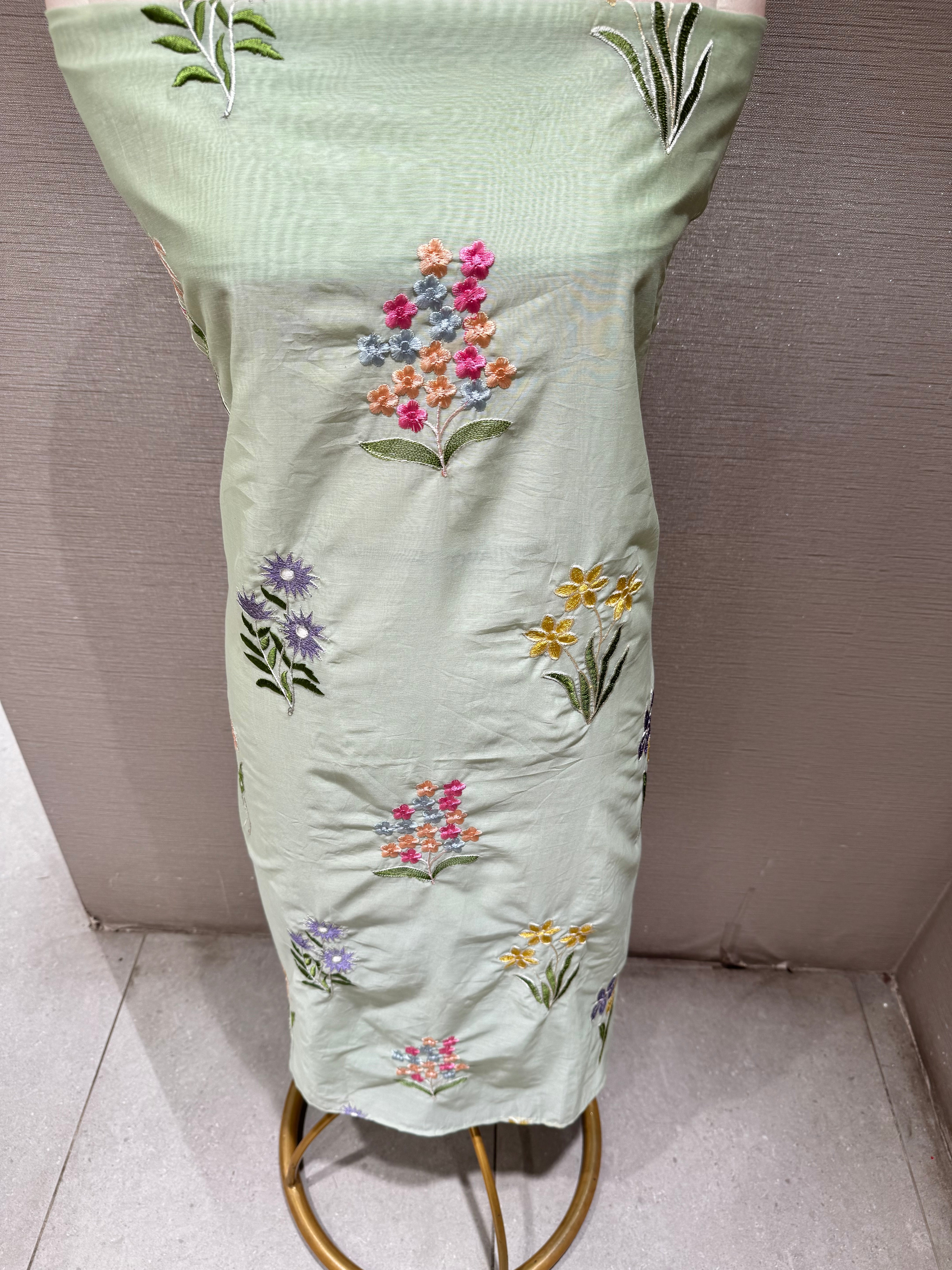 Pastel Light Green Floral Embroidery Dress material