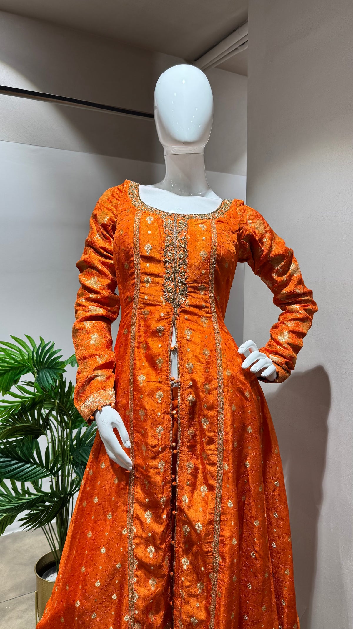 ORANGE GOLDEN  ANARKALI WITH PALAZZO PANTS