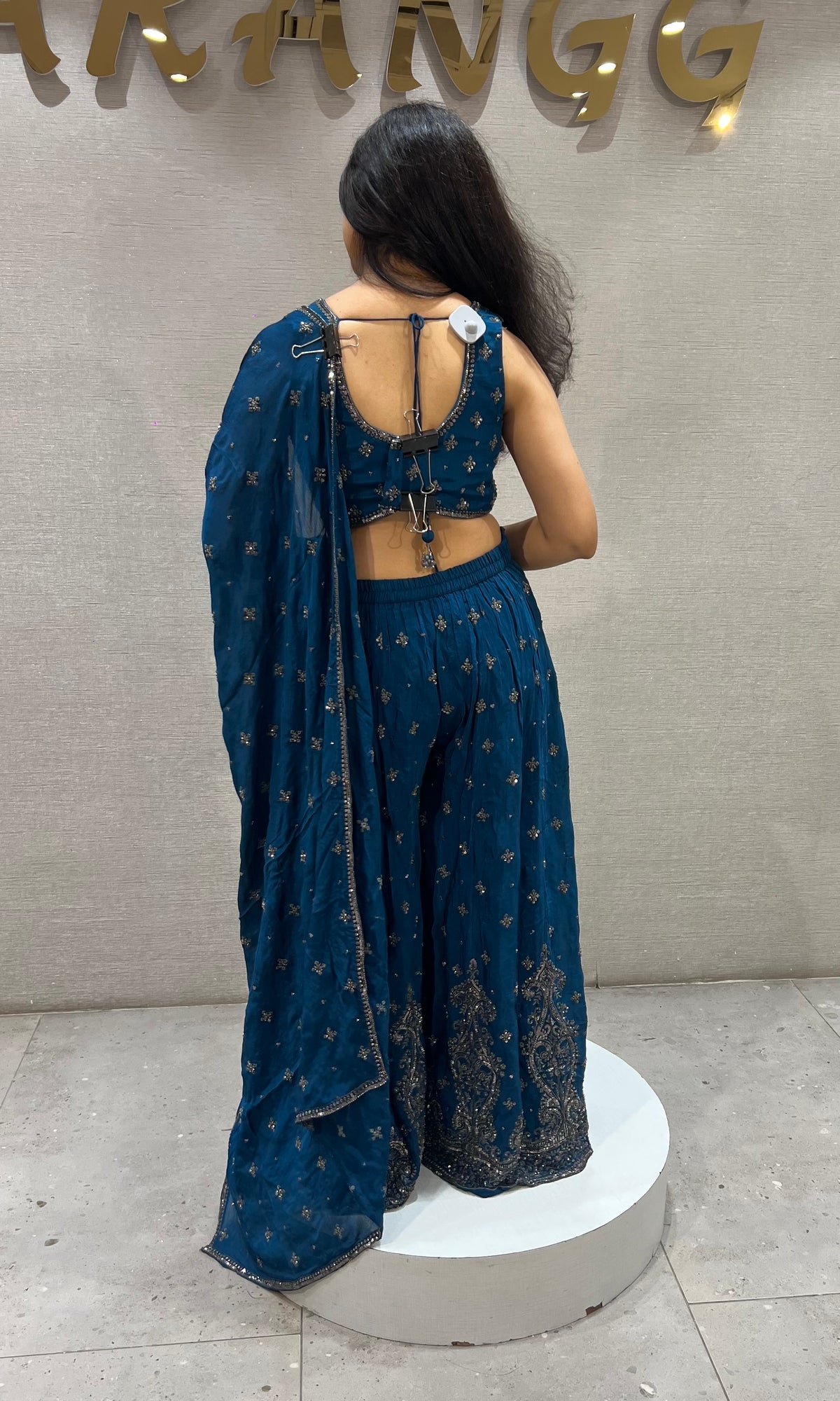 Navy Blue Chinon silk Embroidered Crop top Palazzo set