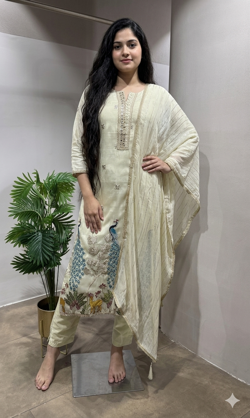 Cream Peacock Sharara Silk Ensemble