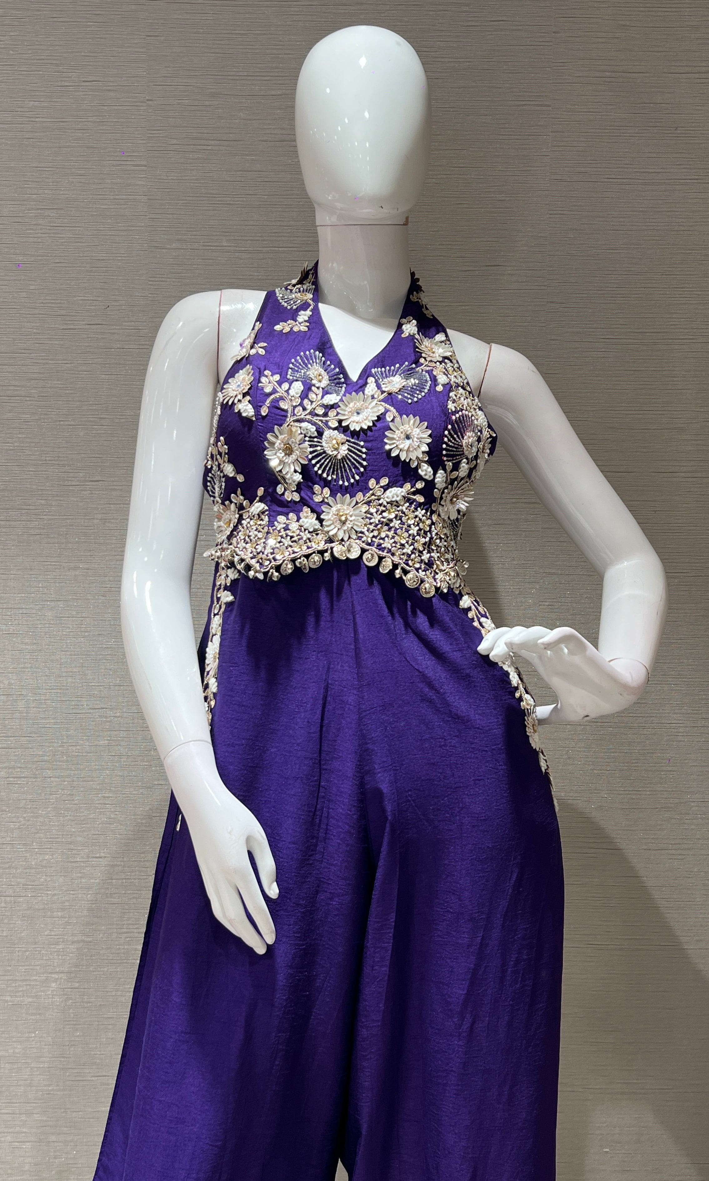 halter neck  Purple jumpsuit with floral embroidery