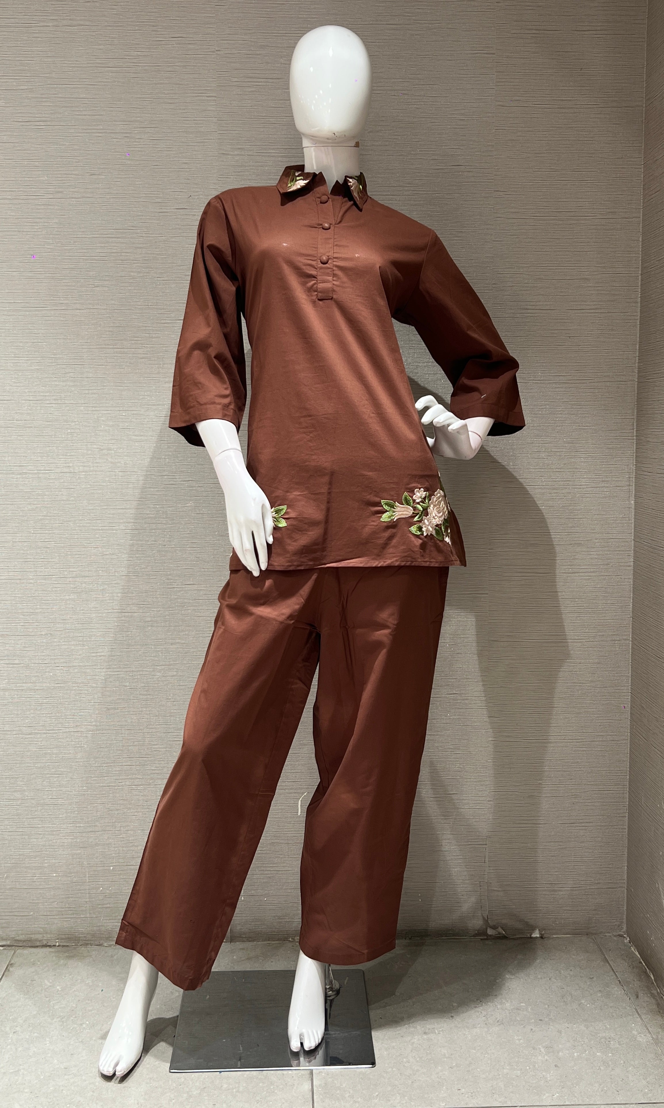 Brown FLORAL EMBROIDERED CORD SET