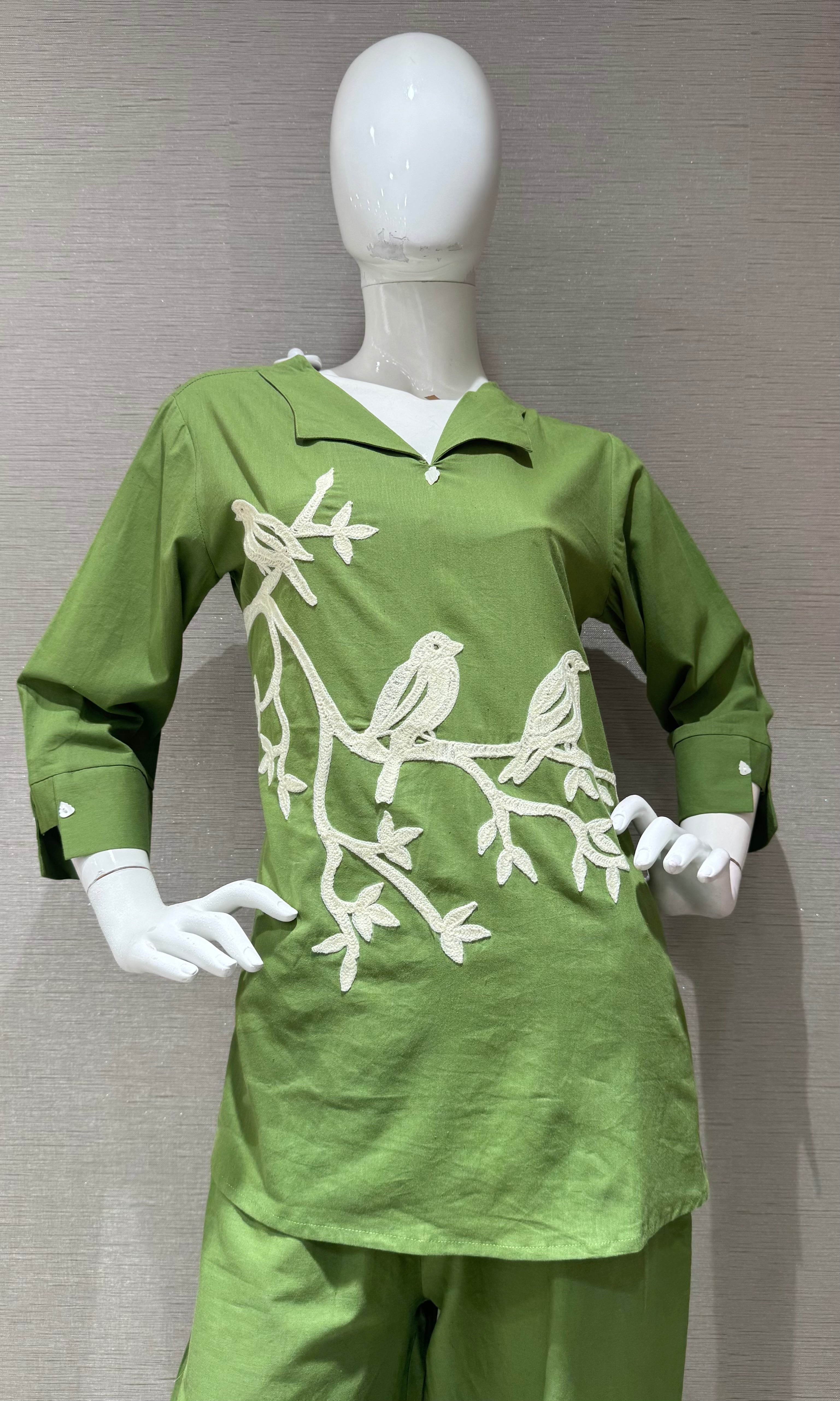 Green Bird Print Tunic Cord set