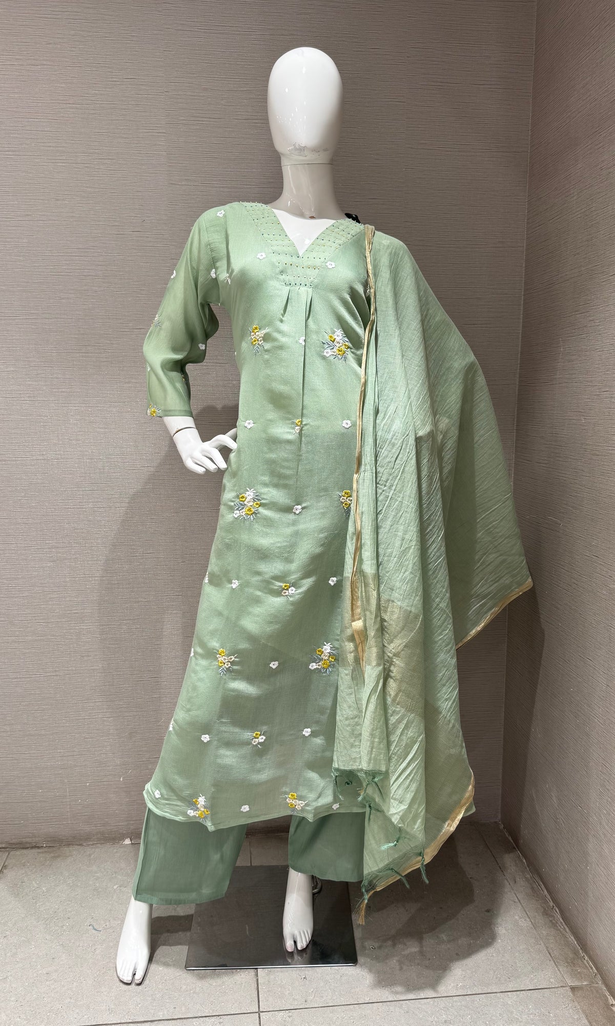 Pista Green Chanderi Kurta Set with Gold Zari Border Dupatta