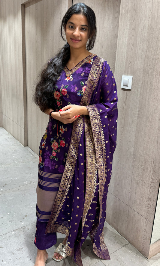 Purple floral gajji silk kurta set