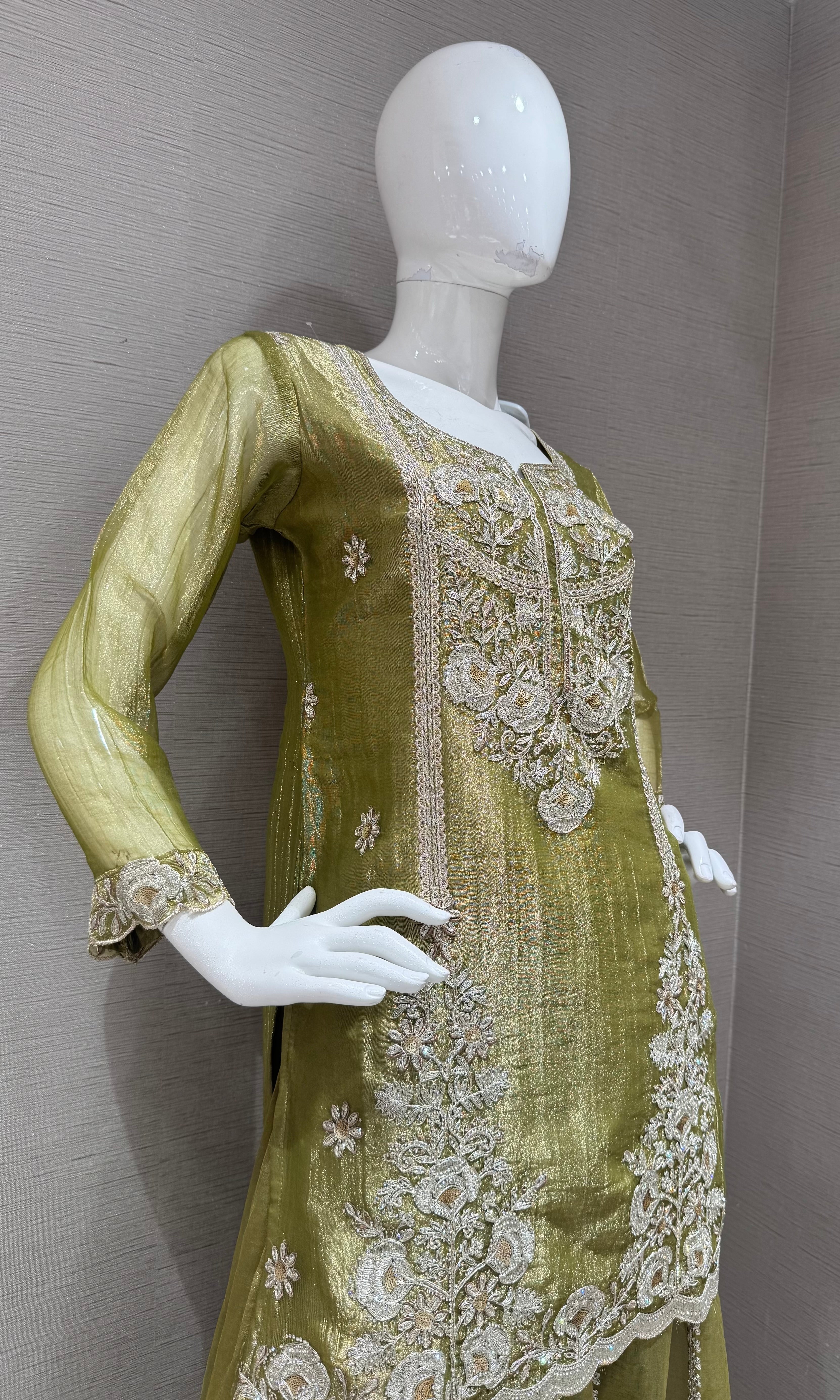 Olive Green Embroidered Sharara Set with Sheer Dupatta