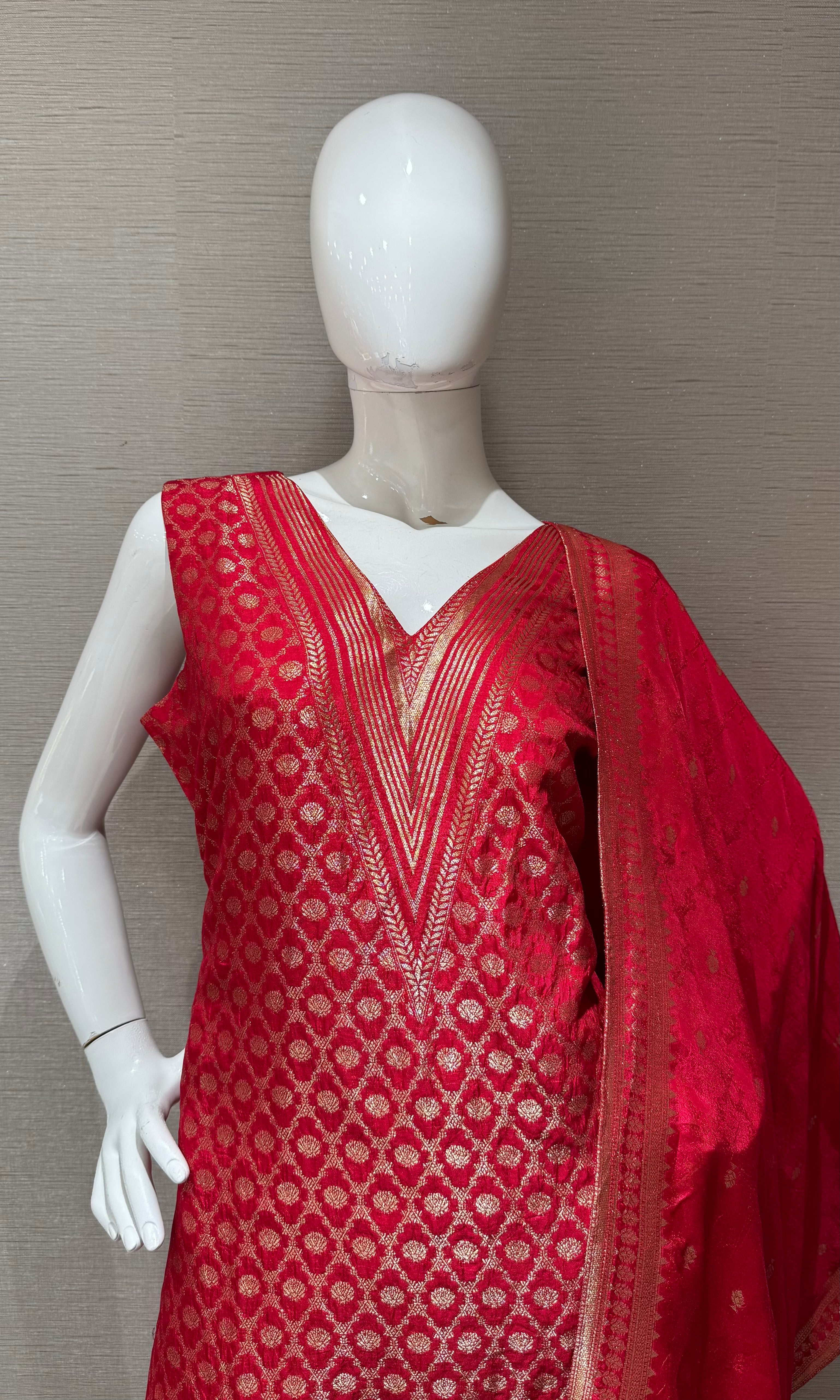 Red Kurta Set with Gold Zari Embroidery