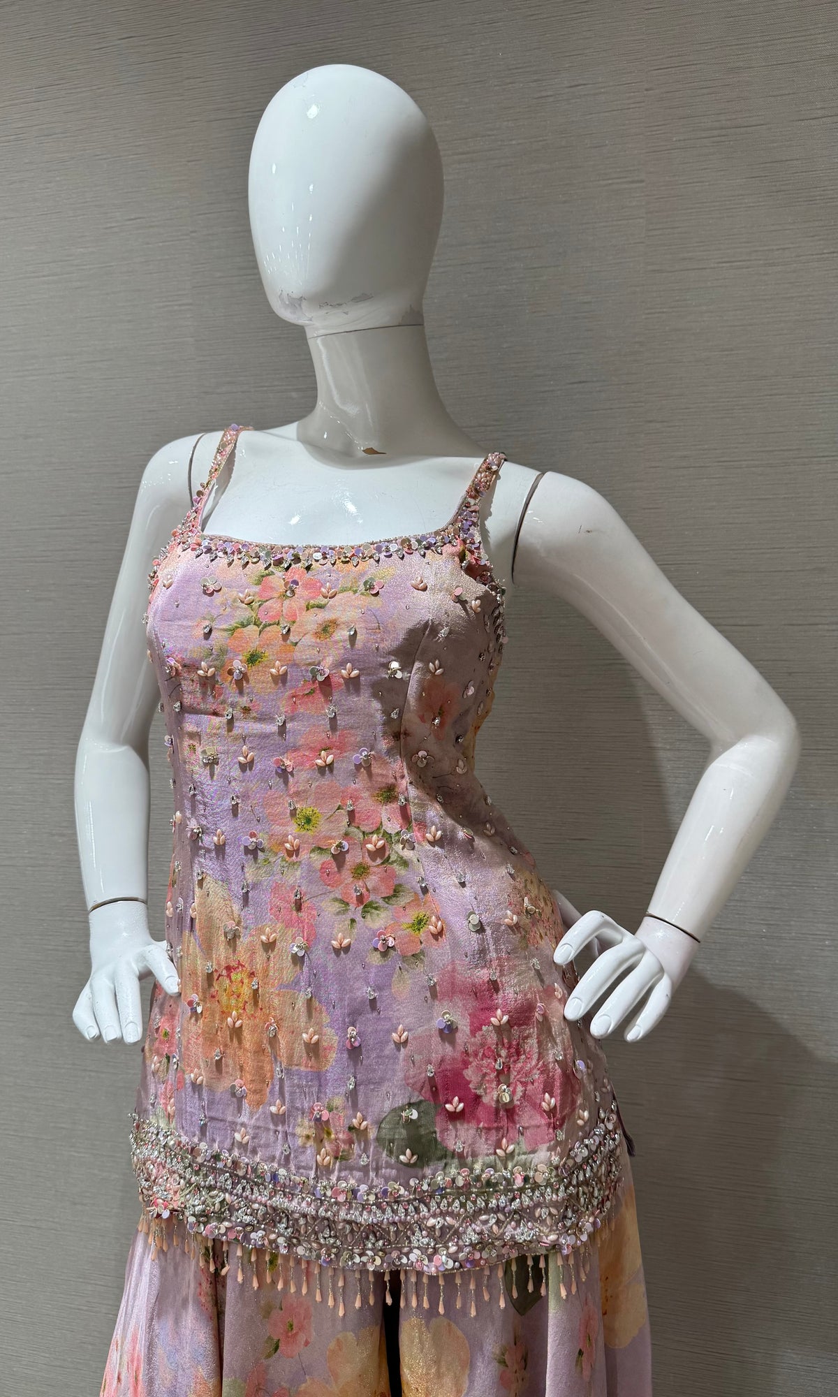 LAVANDER Silk Organza Floral Printed Peplum palazzo set