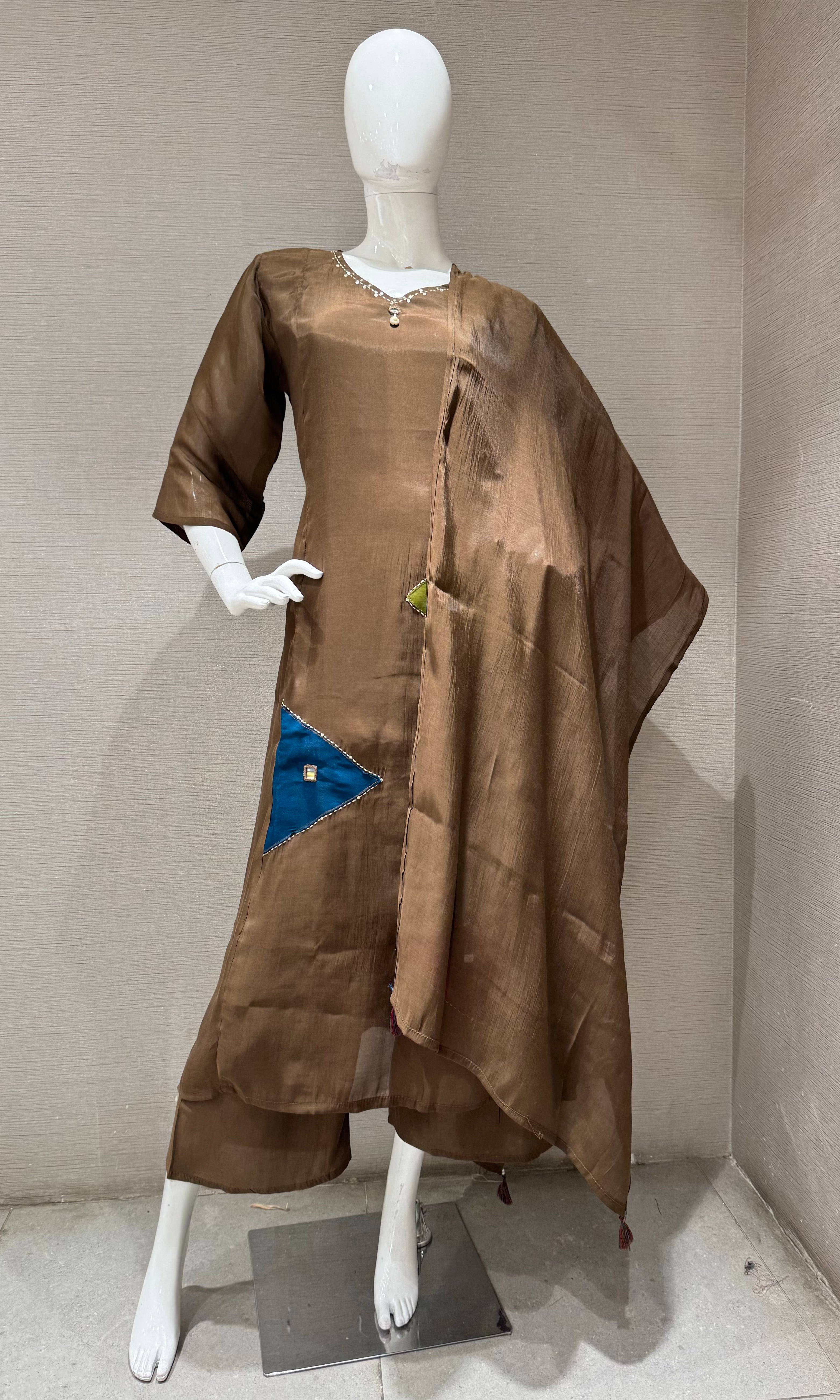 Brown Straight Patch Kurta Set with Dupatta