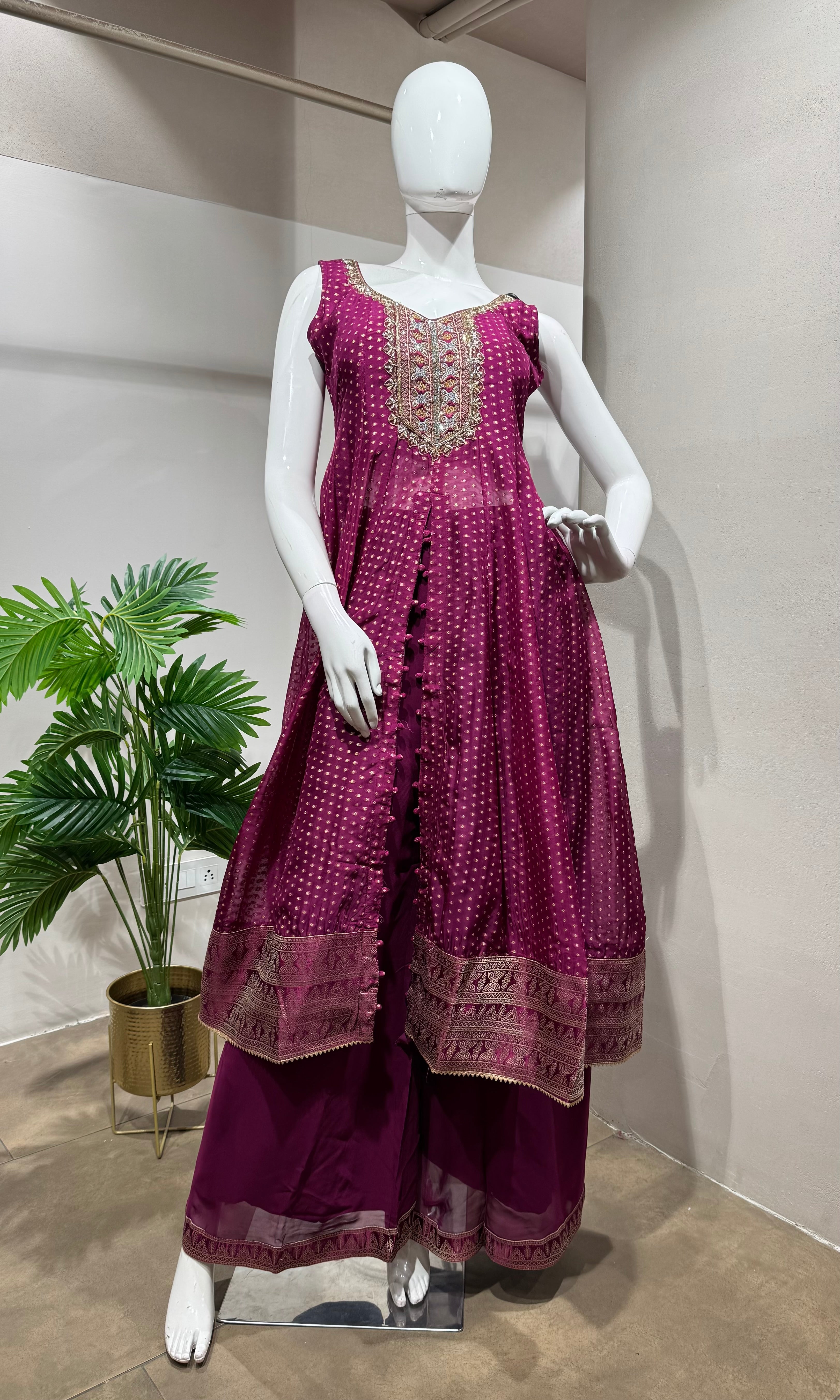 Wine Silk Blend Embroidered ANARKALI  Set